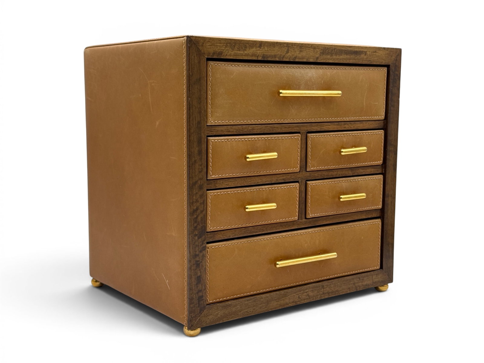 Italian Leather and Wood Tabletop Jewelry Cabinet: An Italian leather and wood tabletop jewelry cabinet with brass hardware and feet. Marked "Made in Italy" 10in tall x 10in wide x 8 in deep. | You have additional shipping options, and are not require