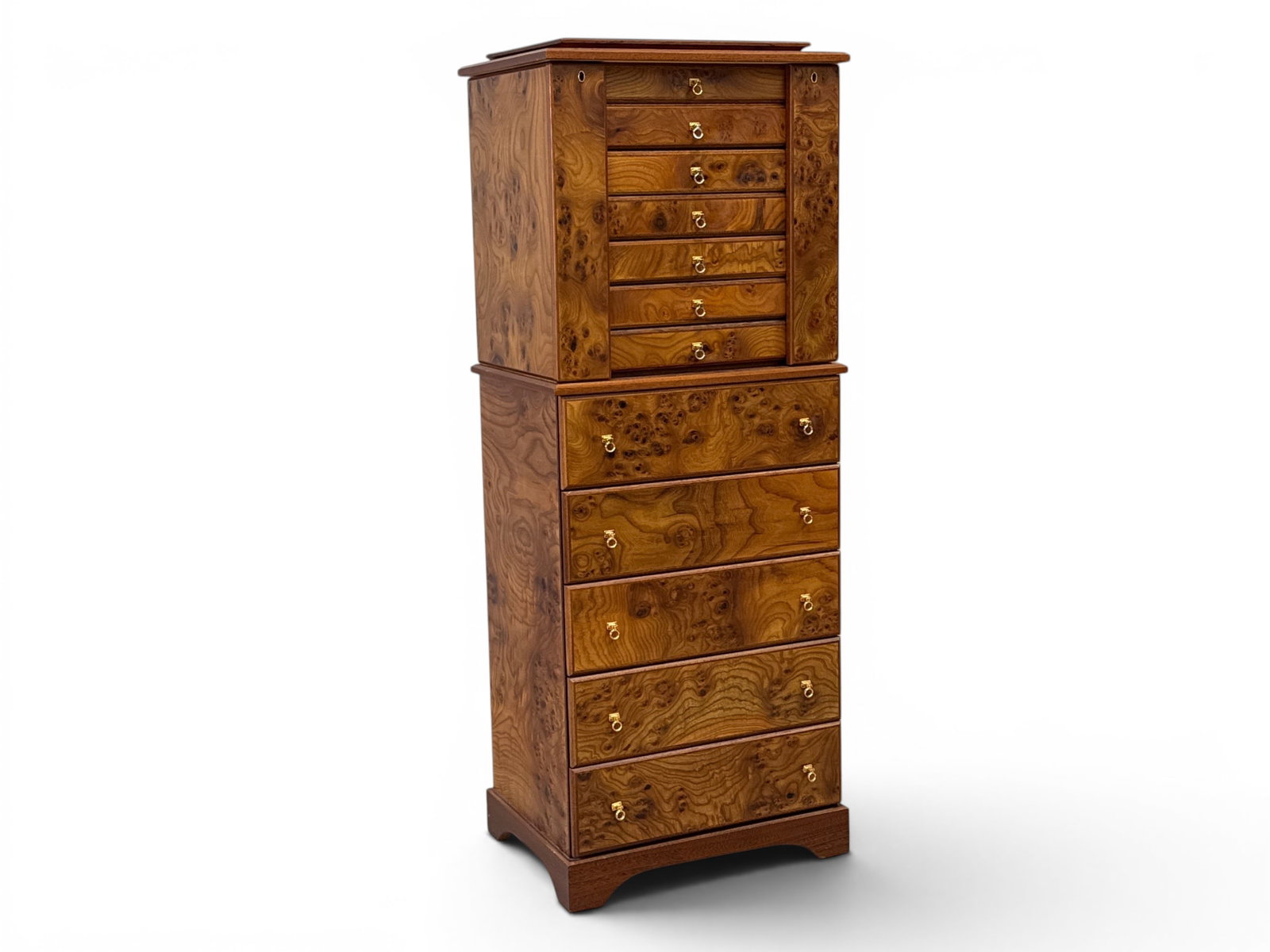 Agresti Burlwood Jewelry Cabinet: An Agresti burlwood jewelry cabinet featuring an ultrasuede lining, 24 karat gold plated brass accessories, and lockable doors with necklace bars. The top section holds an adjustable mirror. Two piece