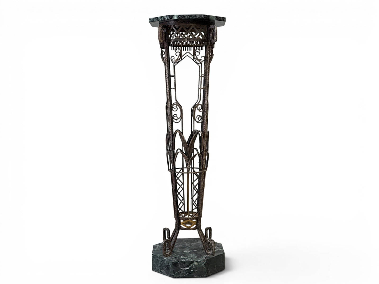 French Art Deco Wrought Iron and Marble Pedestal: A French Art Deco marble top display pedestal stand on a verdigris and wrought iron frame. 54-3/4in tall x 16-1/4in wide. | You have additional shipping options, and are not required to use Live Shipp