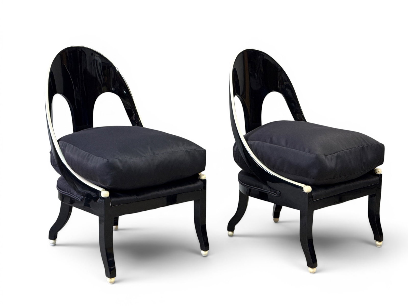 Attrb. Michael Taylor for Baker Spoon Back Chairs: Attributed Michael Taylor for Baker Neoclassical style lacquered spoon-back lounge chairs with slipper cushion seats. Unmarked. 35-3/4in tall x 21-1/2in wide x 22 in deep. | You have additional shippi