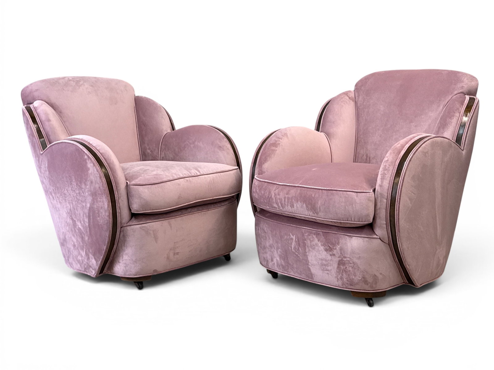 Attrib. Harry and Lou Epstein Art Deco Cloud Chairs: Attrib. Harry and Lou Epstein Art Deco Cloud Chairs in pink velvet. Unmarked. 33in tall x 29in wide x 40 in deep. | You have additional shipping options, and are not required to use Live Shipping. Add
