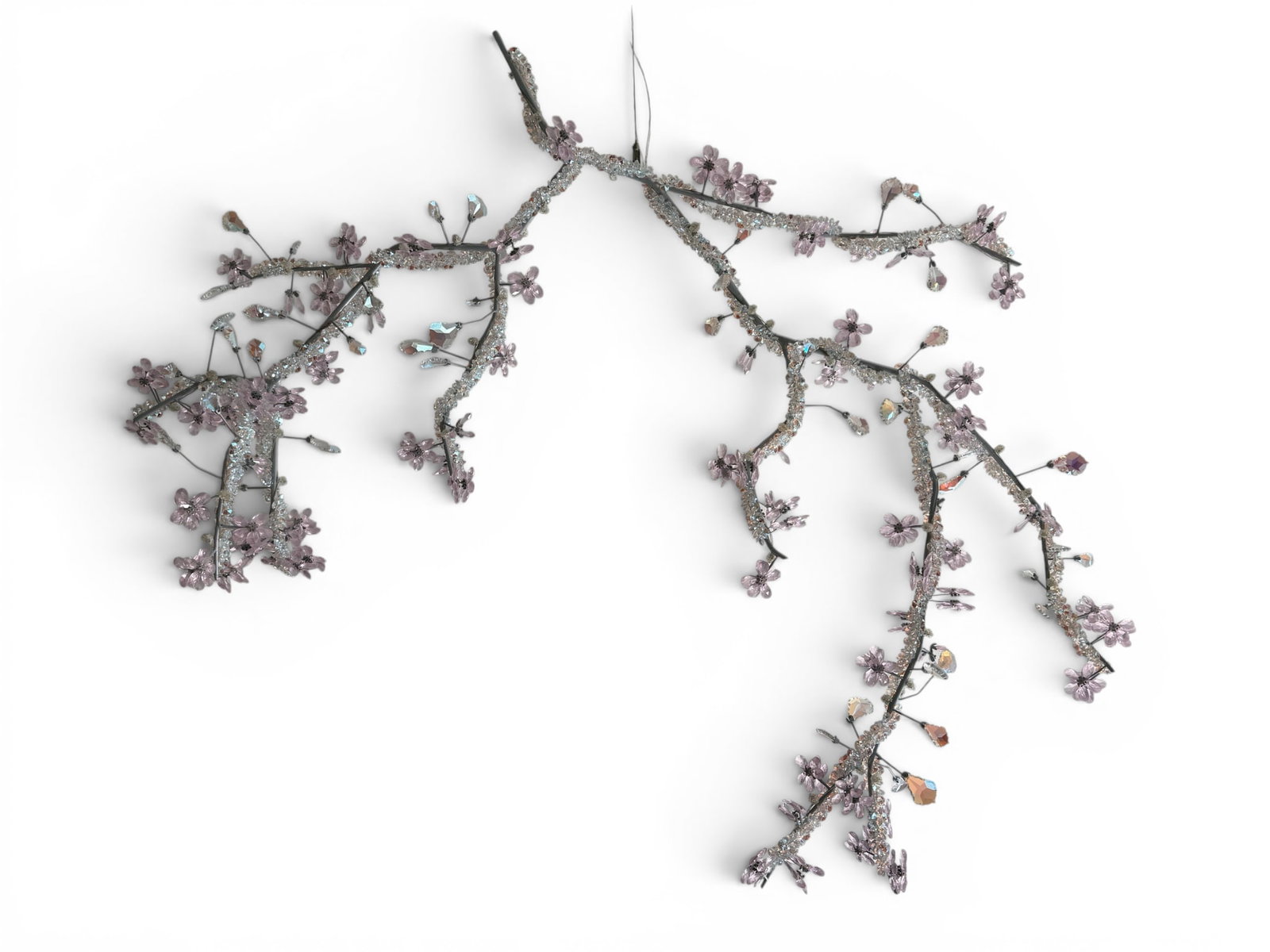 Tord Boontje Blossom Chandelier: A Tord Boontje "Blossom" Chandelier, manufactured by Prearo Collezione Luce for Swarovski. The branches are encrusted with pink and iridescent Swarovski crystals and LED lights. Circa 2009. 52in tall 