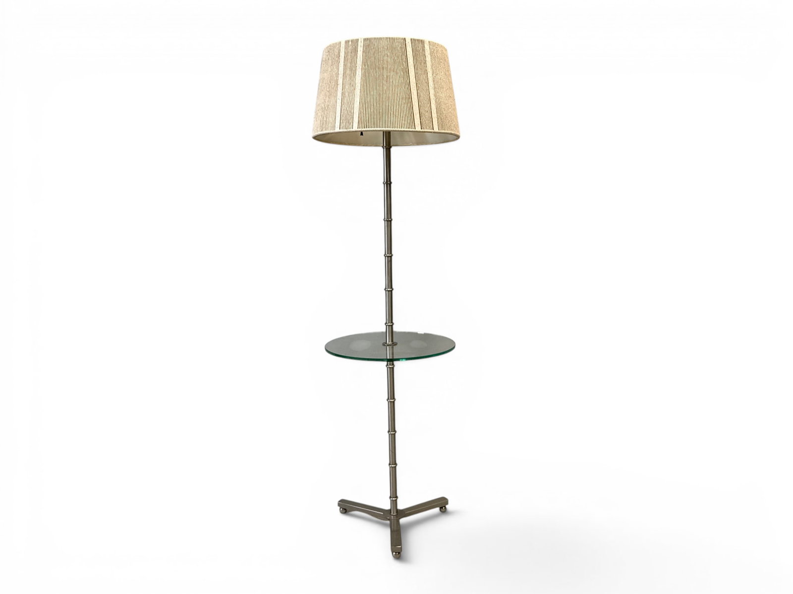Midcentury Modern Chrome Floor Lamp Table: A Midcentury Modern chrome frame floor lamp of faux bamboo form with glass table. 54in tall. Table: 15in diameter. | You have additional shipping options, and are not required to use Live Shipping. Ad