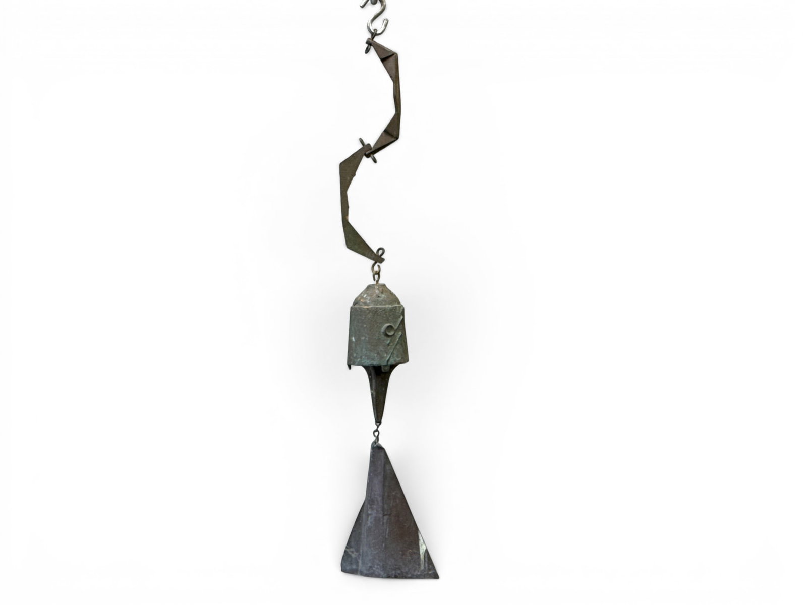 Paolo Soleri Style Bronze Windbell: A Paolo Soleri style bronze windbell. Unsigned. 21-1/2in tall. | You have additional shipping options, and are not required to use Live Shipping. Additional shipping and delivery details are available