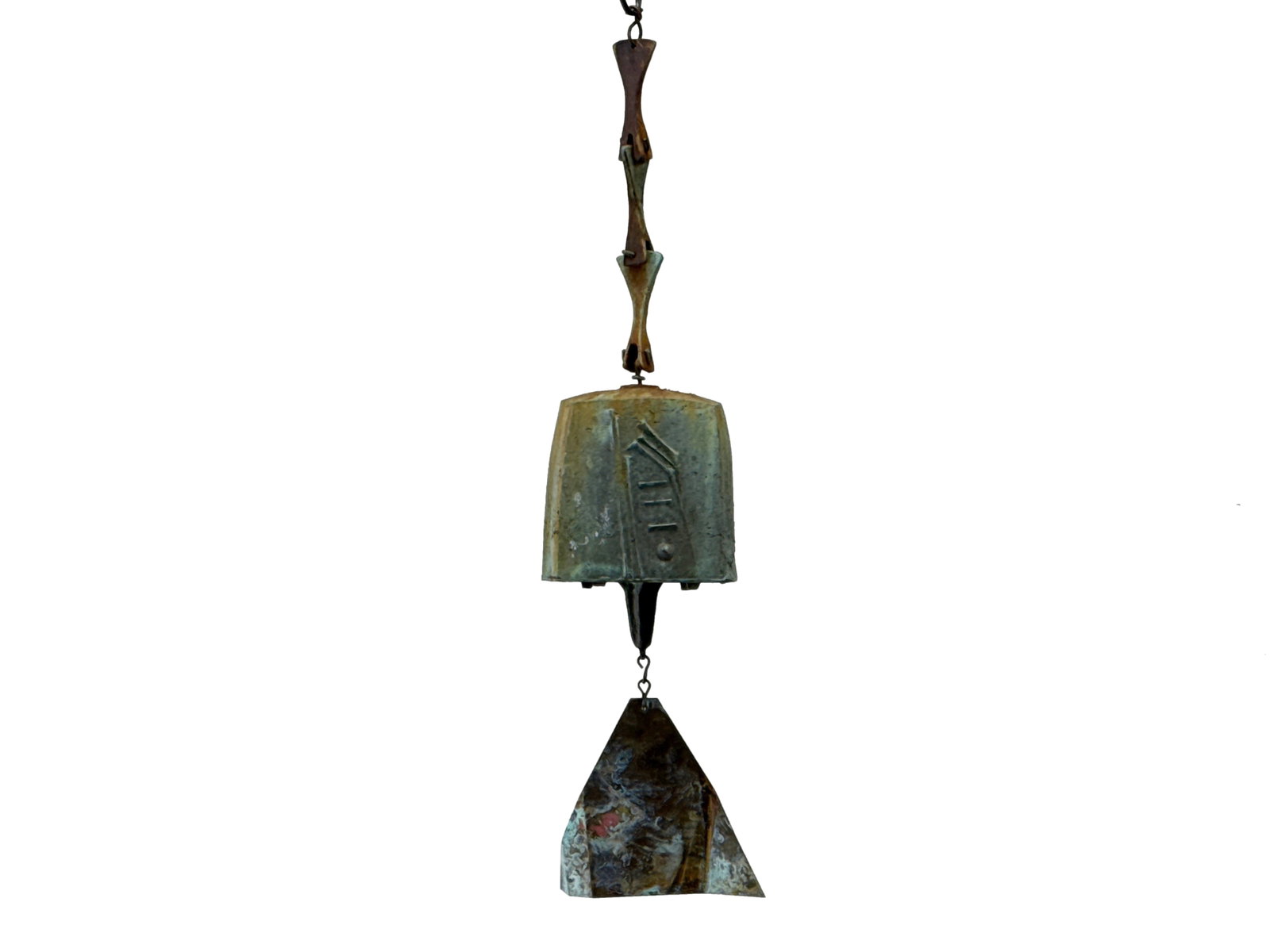 Large Paolo Soleri Style Bronze Windbell: A large Paolo Soleri for Arcosanti-style bronze windbell. Unsigned. 24in tall. 5-1/2in wide. | You have additional shipping options, and are not required to use Live Shipping. Additional shipping and 