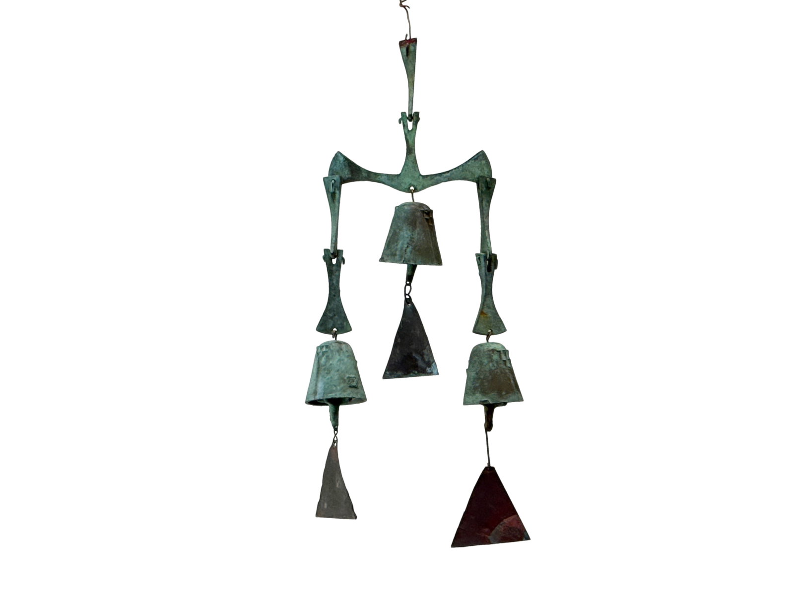 Paolo Soleri Windbell with Three Bells: A Paolo Soleri for Arcosanti bronze windbell wind chime with three bells. Marked. 20-1/2in tall x 9in wide. | You have additional shipping options, and are not required to use Live Shipping. Additiona