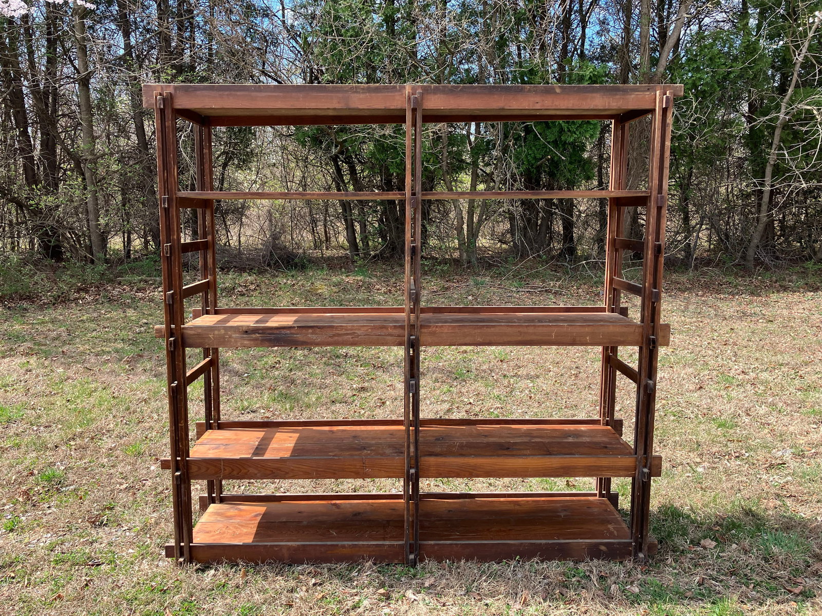 Custom Studio Craftsman Wooden Shelf: A custom studio craftsman wooden shelf attributed to a student of George Nakashima 79-1/2in tall x 83in wide. | You have additional shipping options, and are not required to use Live Shipping.