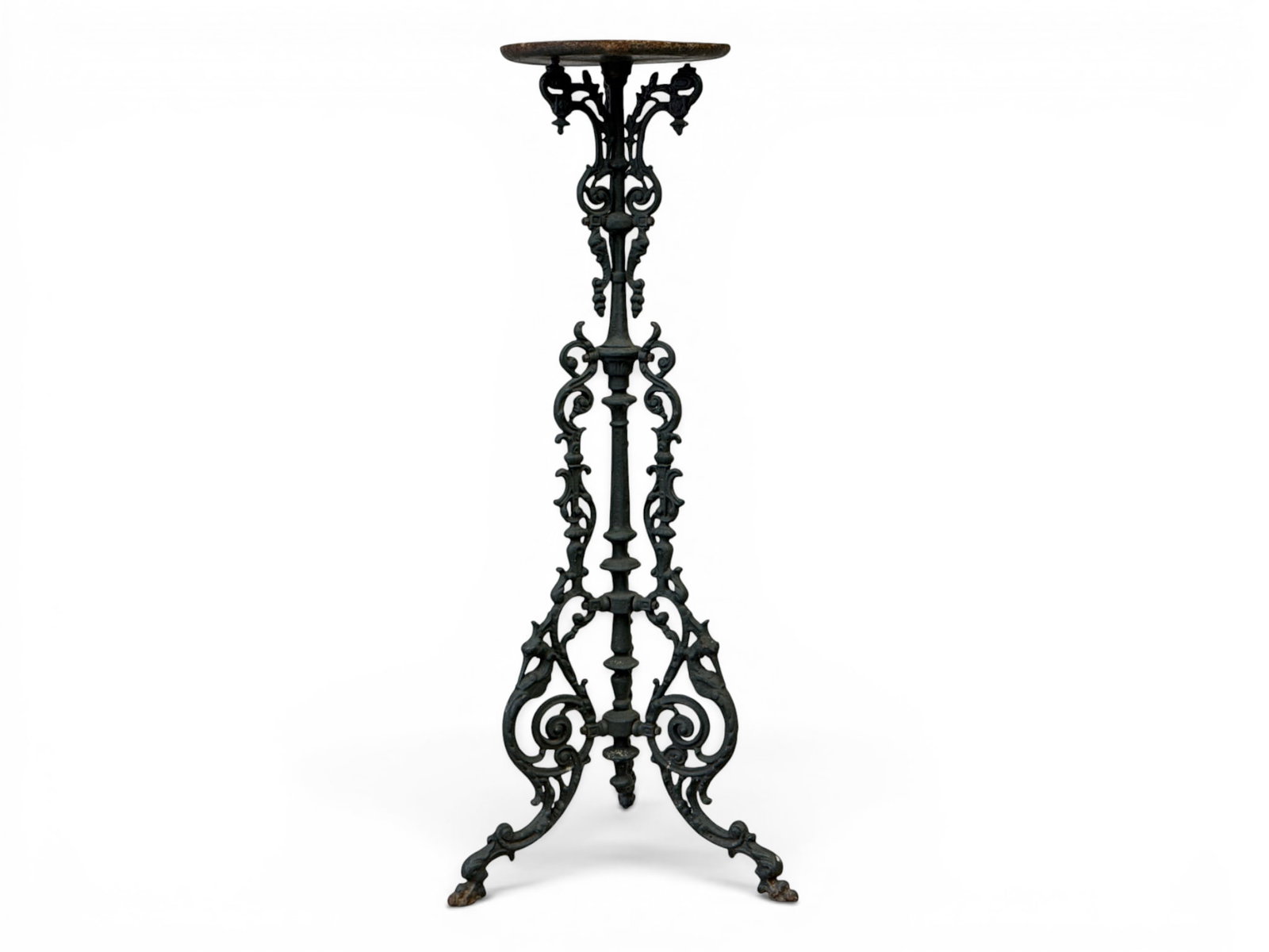 Victorian Style Cast Iron Plant Stand: A Victorian style cast iron plant stand of scrolled form with a circular top. 40-3/4in tall x 11in diameter top. | You have additional shipping options, and are not required to use Live Shipping. Addi