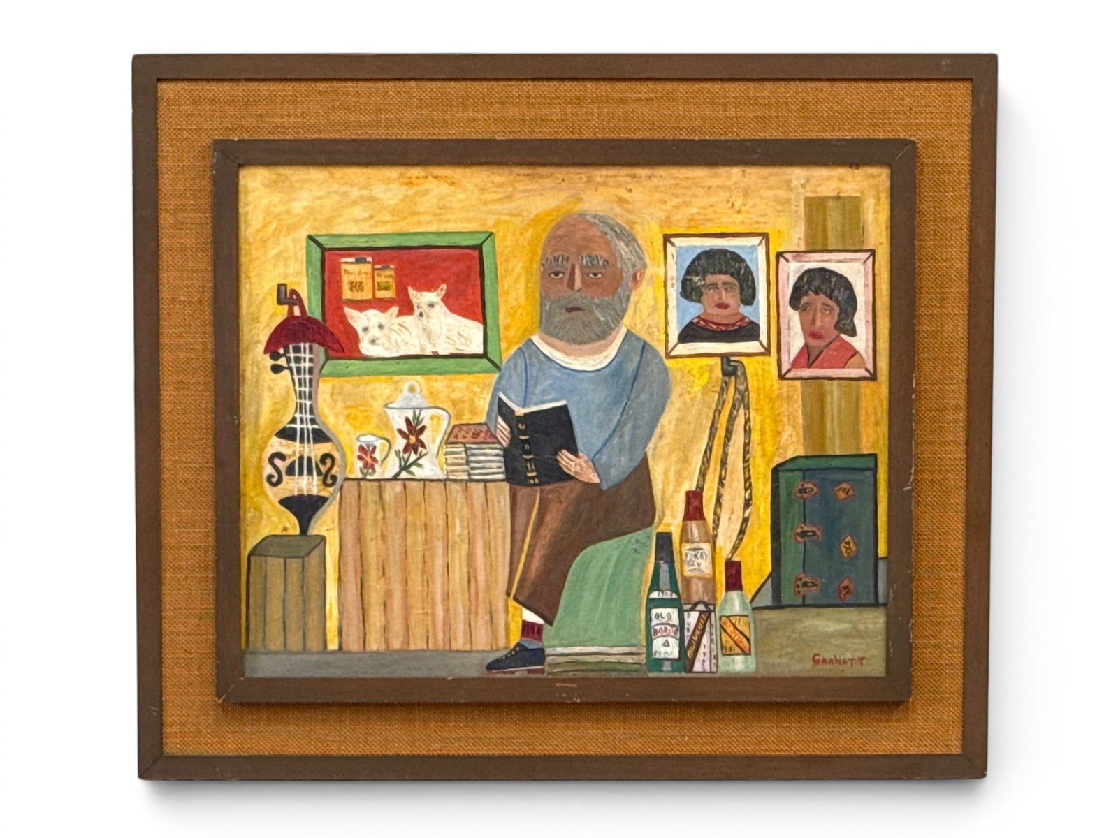 Samuel Granatt Oil on Panel. Interior Scene: Samuel Granatt (American, 1894-1969). An folk art oil on panel depicting an interior genre scene with a man seated at a table reading. Signed lower right and framed. Panel: 16 in x 20 in. Outside fram