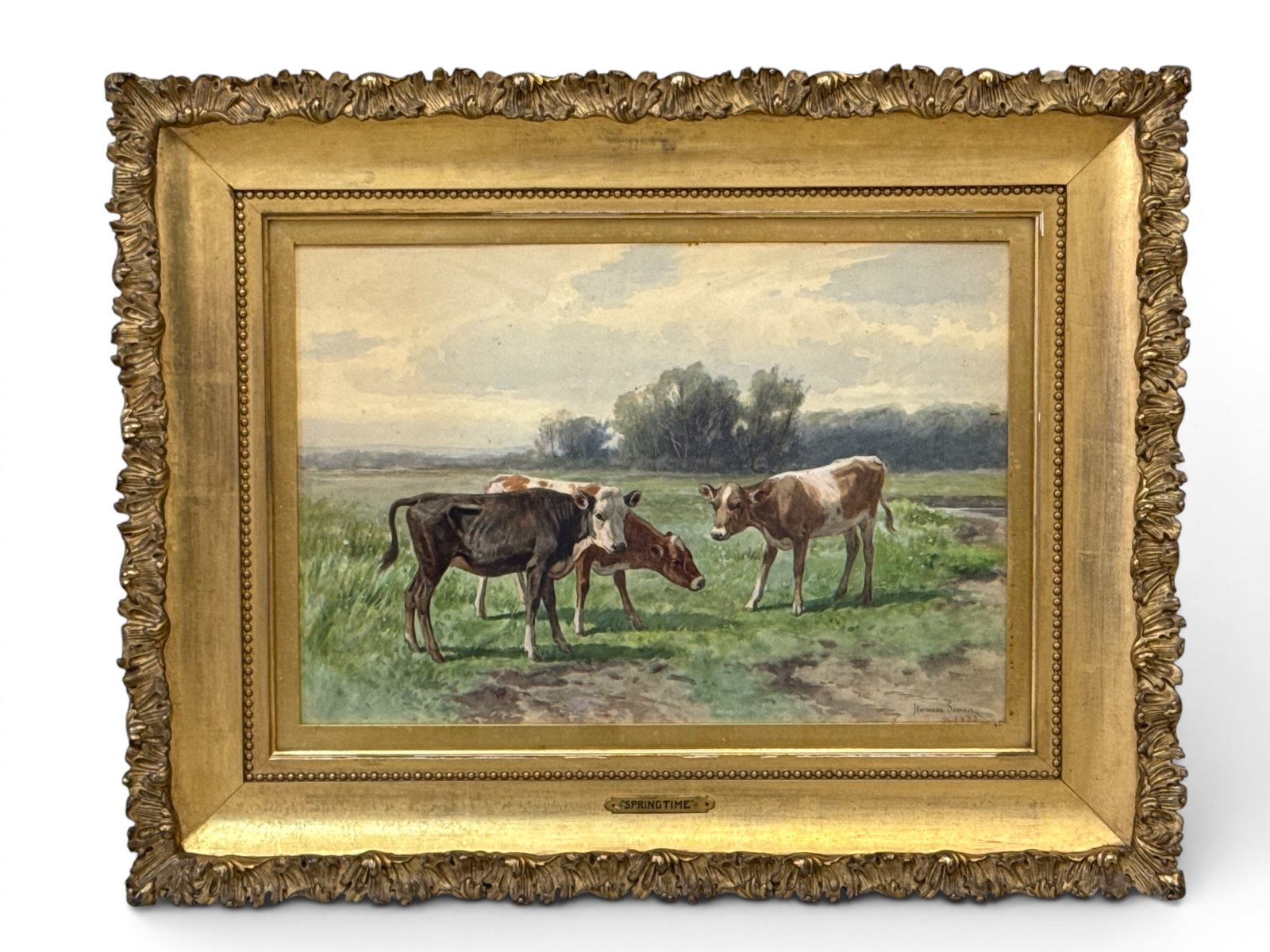 Hermann Simon Watercolor. Springtime: Hermann Gustav Simon (German / American, 1846-1895). A watercolor on paper of cattle grazing. Signed lower right and dated 1873. Gilt and gesso frame with title plaque "Springtime". Frame opening: 13-