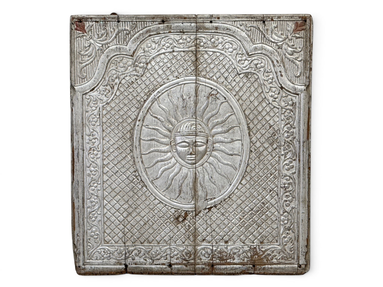 Victorian Oddfellows Carved Sun Wall Panel: A late 19th / early 20th C. carved and silver painted Oddfellows panel depicting a central sun medallion. 29 in x 26-1/2 in. | You have additional shipping options, and are not required to use Live Sh
