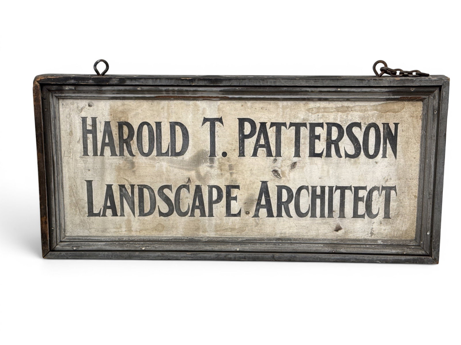 Harold T. Patterson Landscape Architect Double Sided Sign: A Harold T. Patterson Landscape Architect painted wood double sided advertising sign having a shaped wood frame. 22in tall x 46-1/2in wide. | You have additional shipping options, and are not required