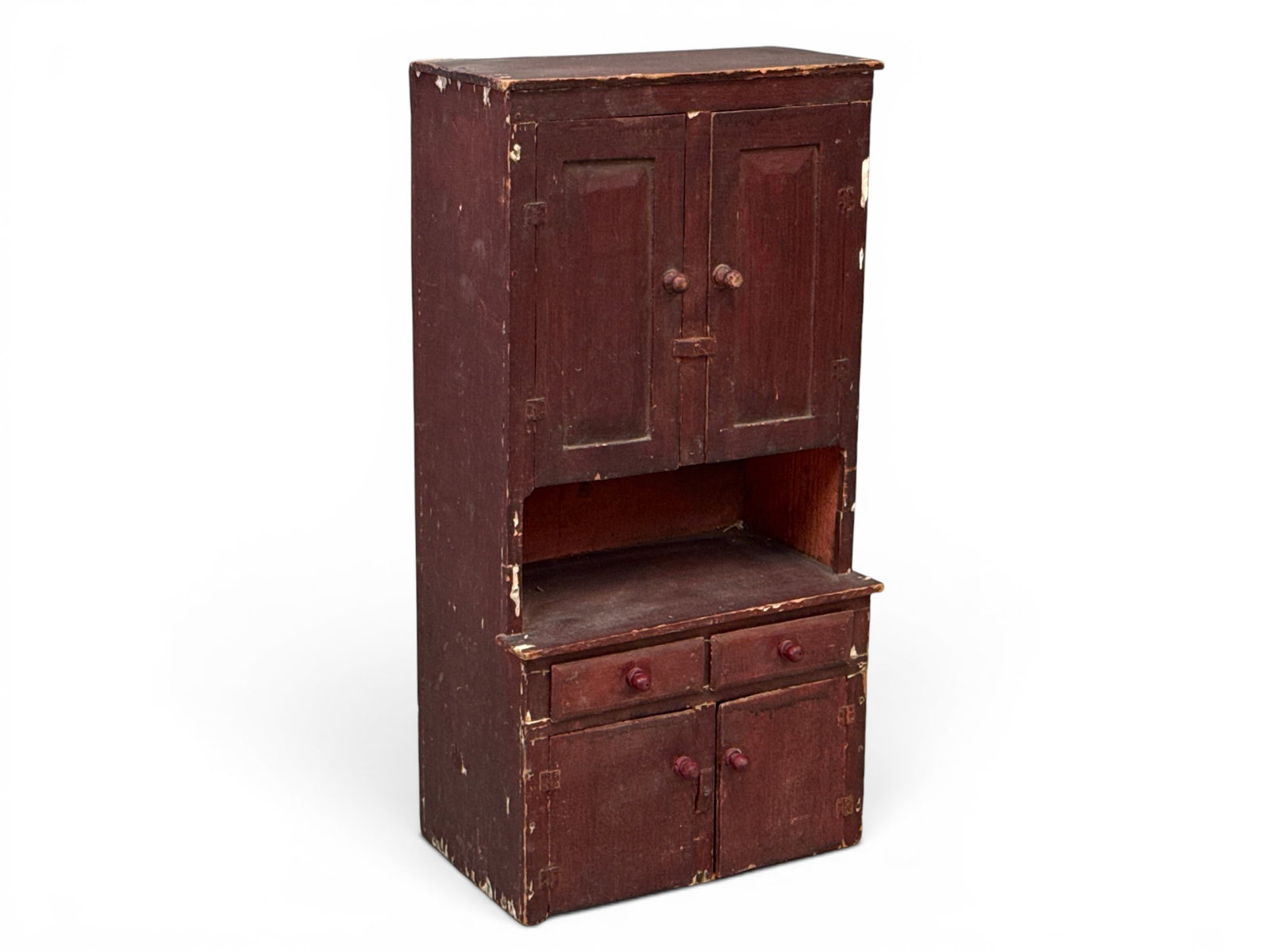 Red Painted Miniature Folk Art Hutch: A red painted miniature folk art hutch, handcrafted, the base with "Buffalo Bill Matches" advertising panel. 21-1/2in tall x 11in wide x 6-3/4 in deep. | You have additional shipping options, and are 