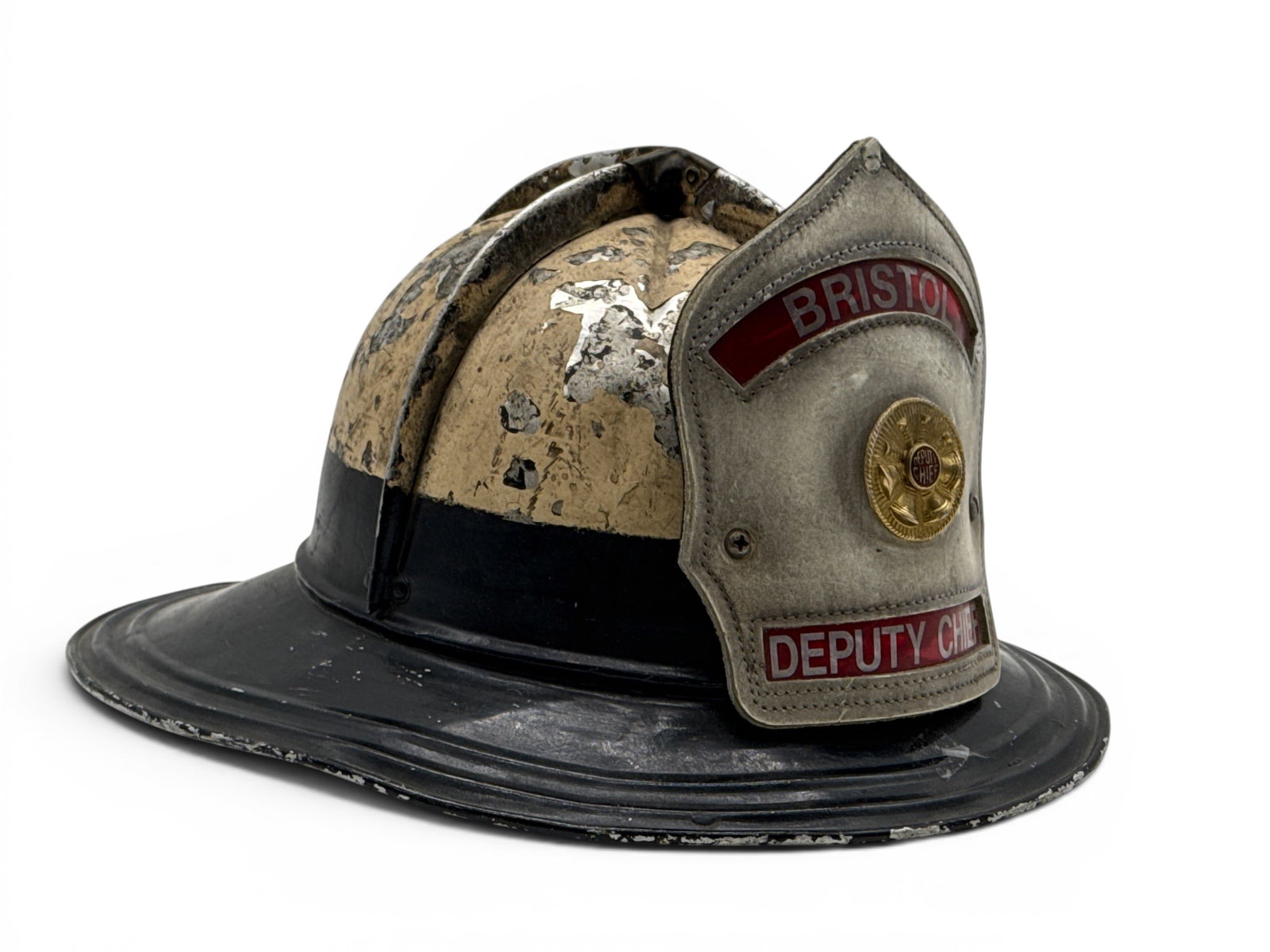Cairns Bristol FD Fire Helmet: A Cairns Bristol FD Deputy Chief fire helmet. 7in tall x 13-1/2in wide x 11-1/2 in deep. | You have additional shipping options, and are not required to use Live Shipping. Additional shipping and deli