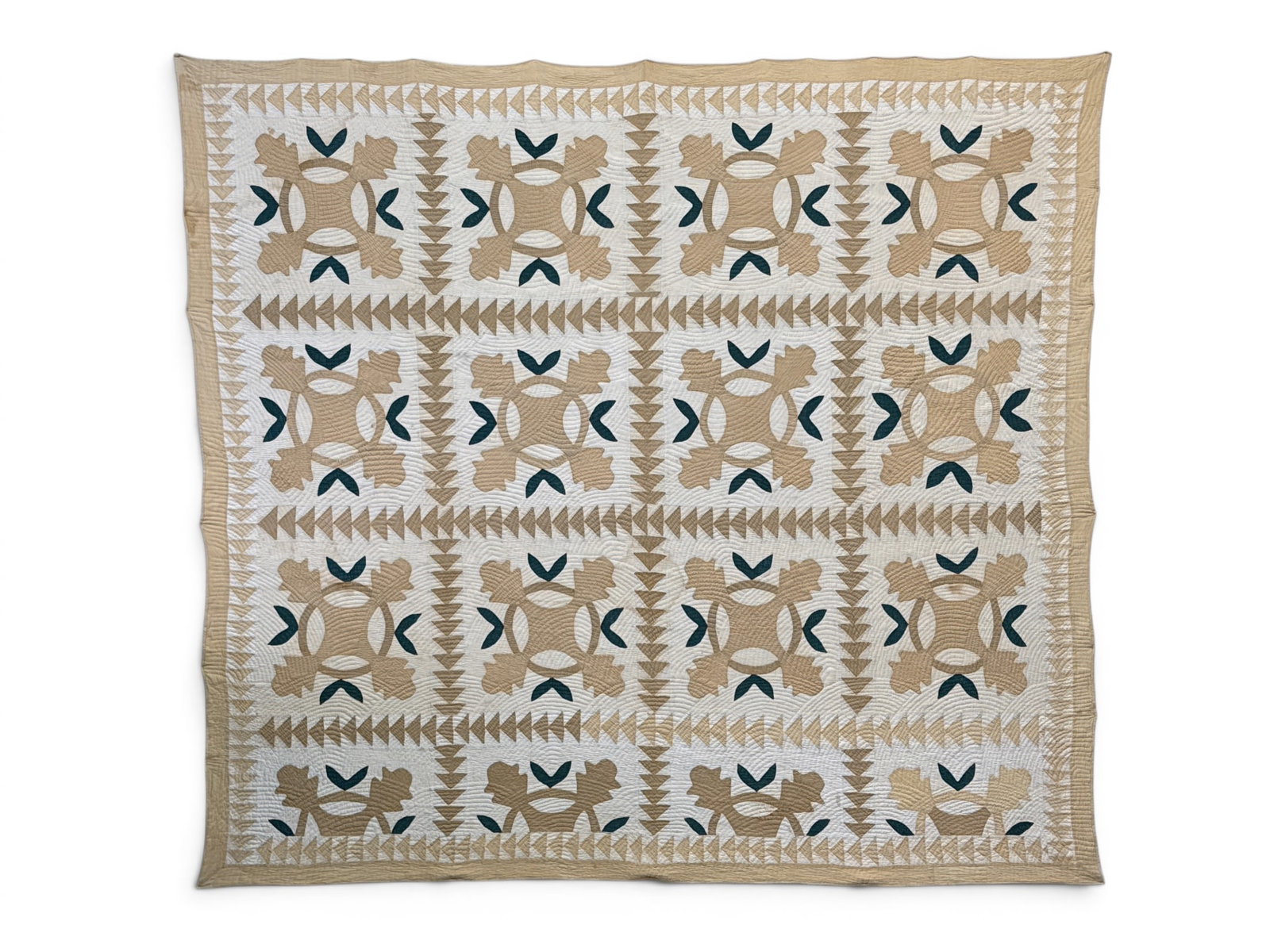 Pennsylvania Oak Leaf and Reel Applique Quilt: A Pennsylvania oak leaf and reel applique quilt, circa 19th C.. Mounted to a linen back frame. Quilt: 71 in x 78 in. | You have additional shipping options, and are not required to use Live Shipping. 