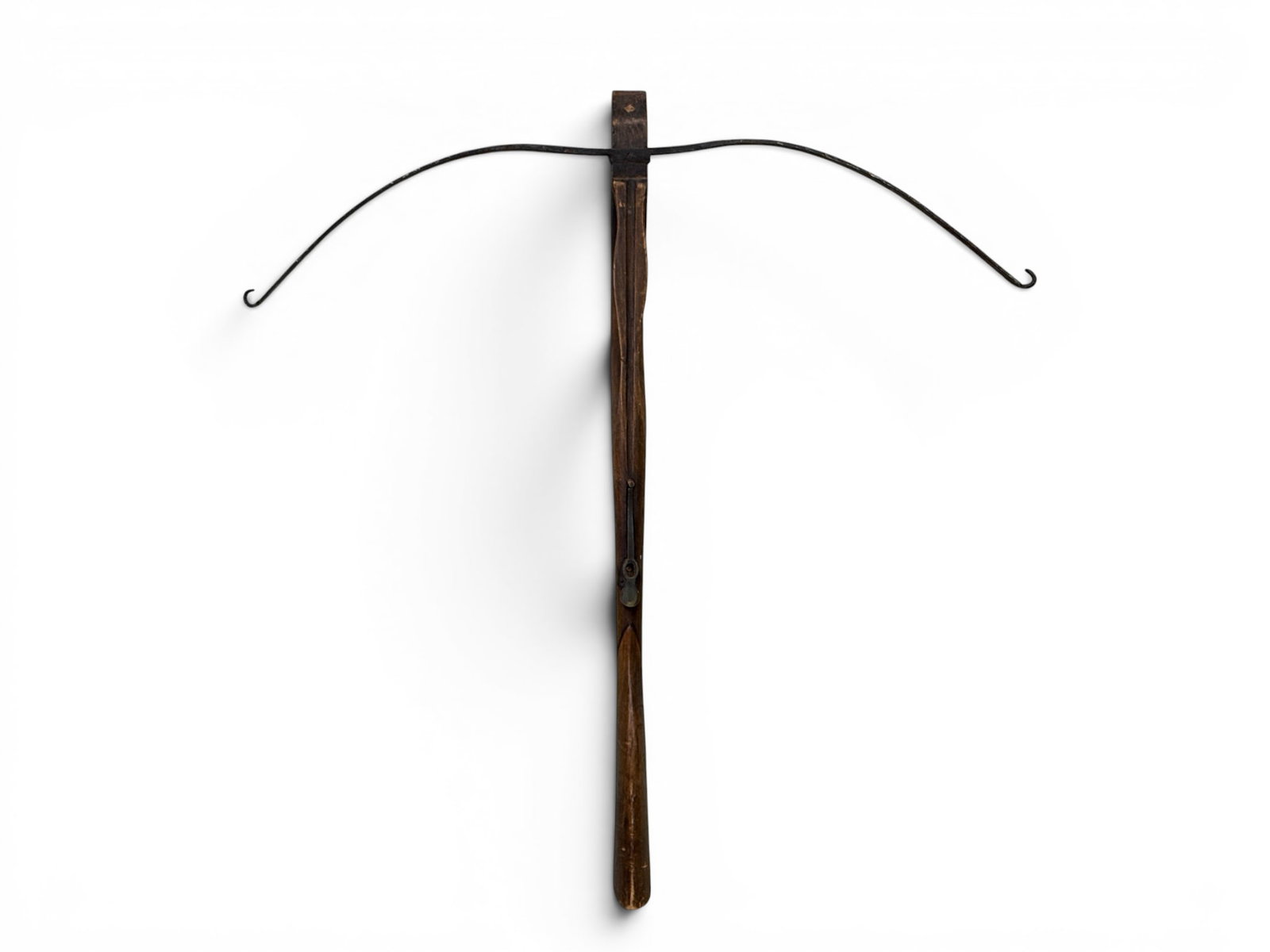 Antique Wood and Iron Crossbow: An antique wood and iron crossbow having a shaped stock. 32in tall x 30in wide. | You have additional shipping options, and are not required to use Live Shipping. Additional shipping and delivery deta