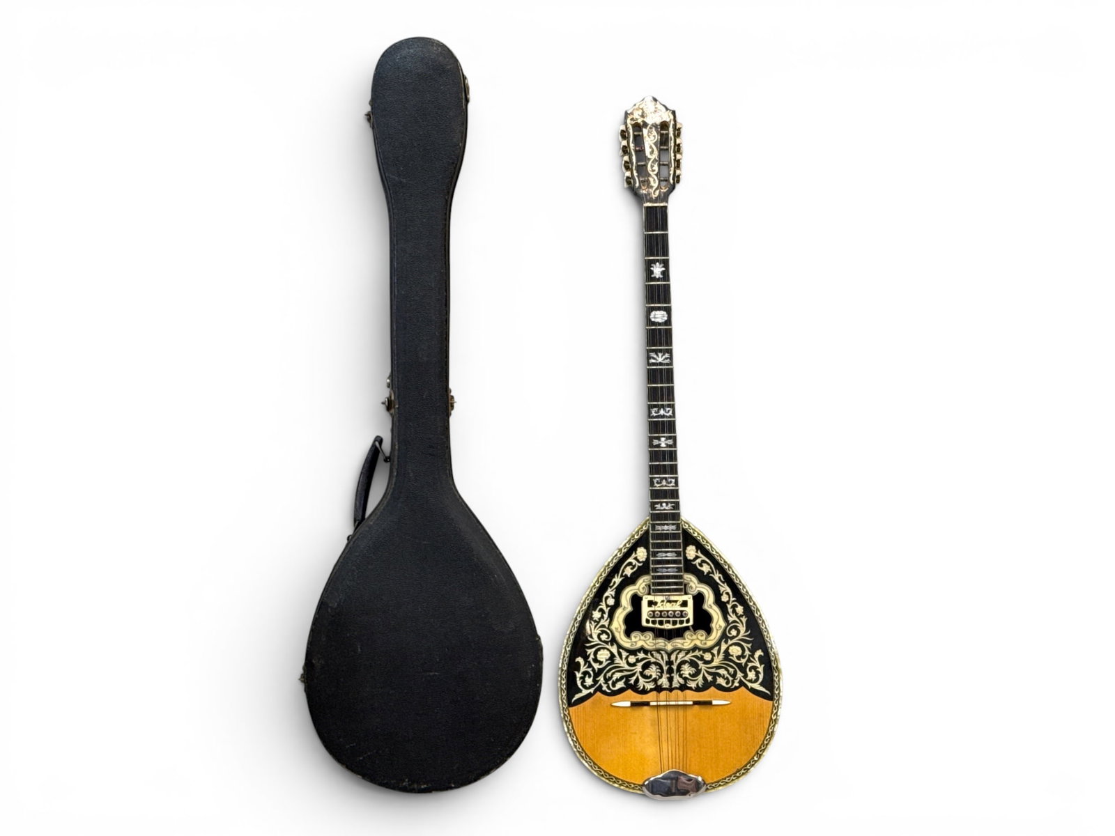Inlaid 8-String Greek Bouzouki: A heavily inlaid 8-string Greek bouzouki with an Ideal pickup. With case. | You have additional shipping options, and are not required to use Live Shipping. Additional shipping and delivery details ar