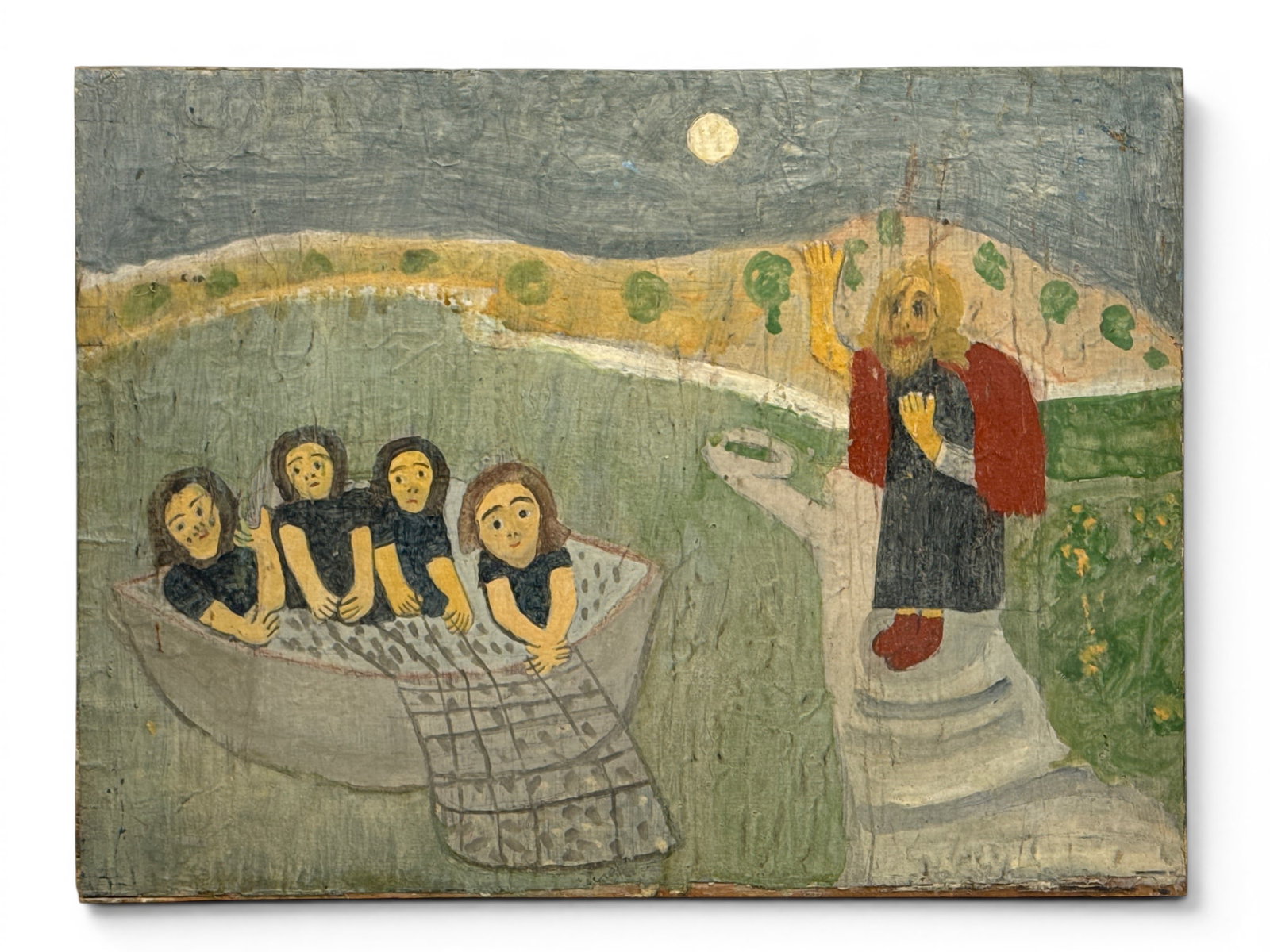 Folk Art Oil on Panel. Jesus and the Fisherman: A folk art oil on panel depicting Jesus and the fishermen. Unsigned. 18 in x 24 in. | You have additional shipping options, and are not required to use Live Shipping. Additional shipping and delivery 
