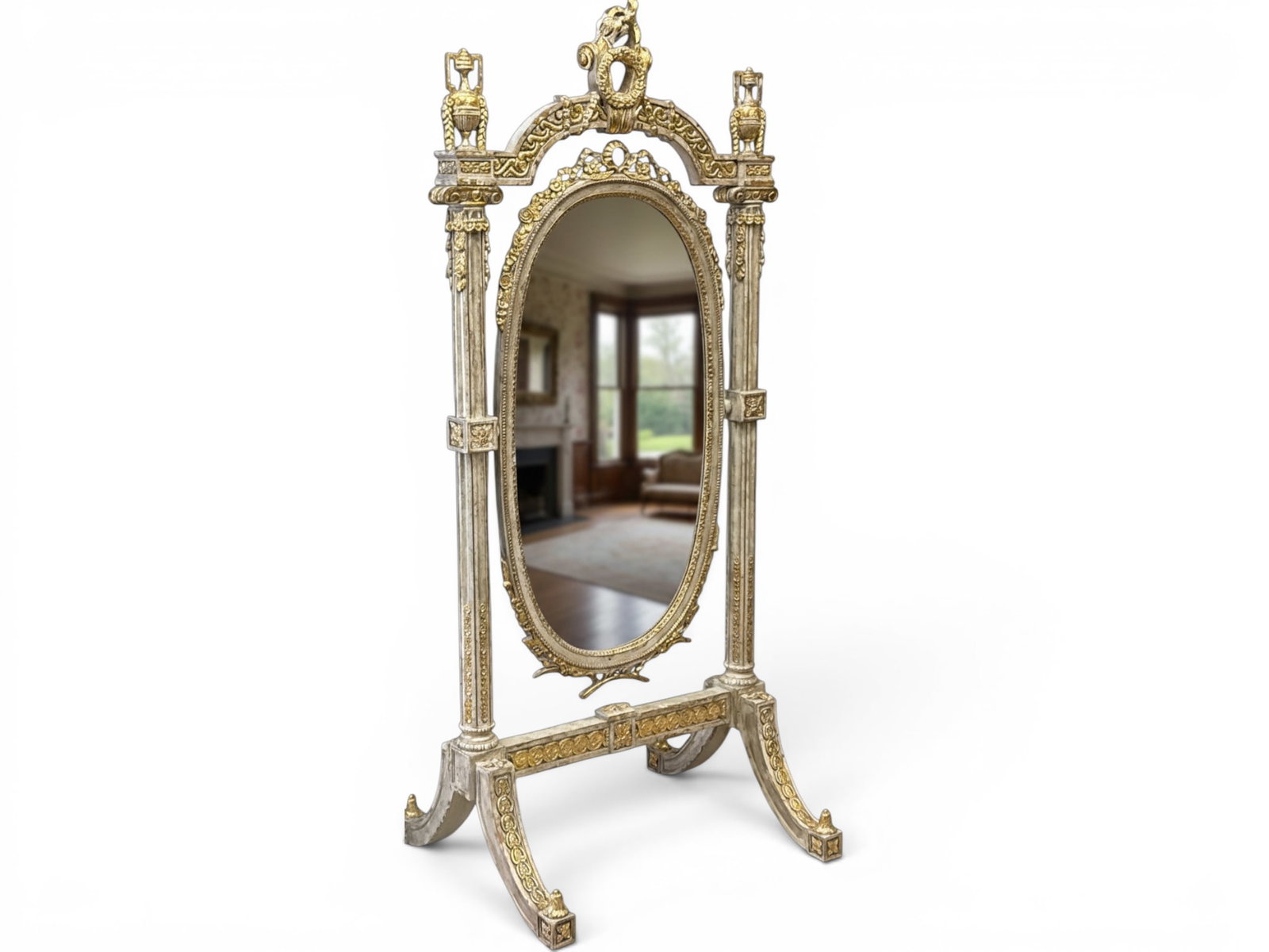 French Louis XV Style Decorator Cheval Mirror: A French Louis XV style decorator cheval dressing mirror having a painted surface. 72-1/2in tall x 31-1/2in wide x 26 in deep. | You have additional shipping options, and are not required to use Live 