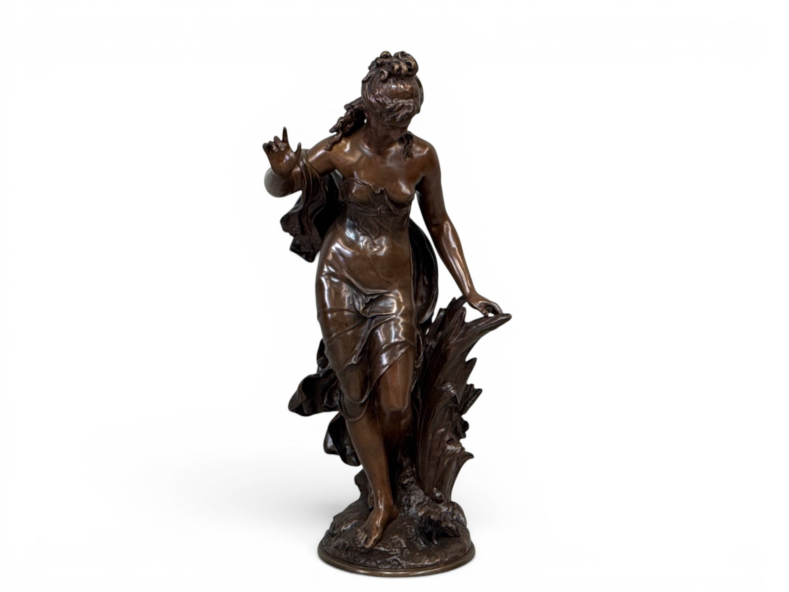 After Auguste Moreau Bronze. Nymphe au Bord de l'Eau: After Auguste Moreau patinated bronze sculpture titled Nymphe au Bord de l'Eau depicting a nymph walking through reeds. Signed on base. 30-1/2in tall x 16in wide. | You have additional shipping option