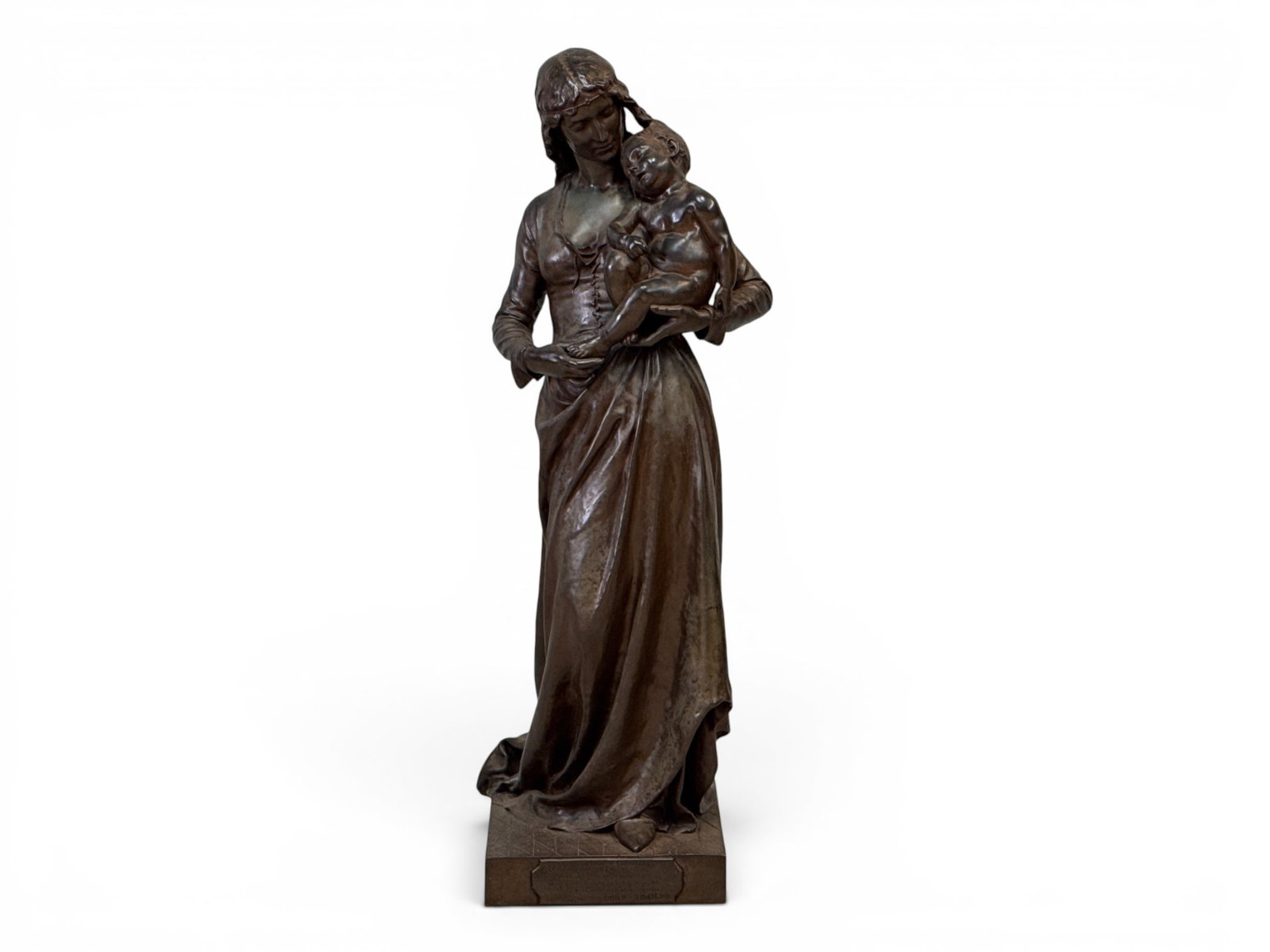 Jean Gautherin Bronze. Clotilde de Surville: Jean Gautherin (French, 1840 - 1890). A patinated bronze sculpture titled Clotilde de Surville, depicting a woman comforting a child, with title and plaque lower center base, and with F. Barbedienne F