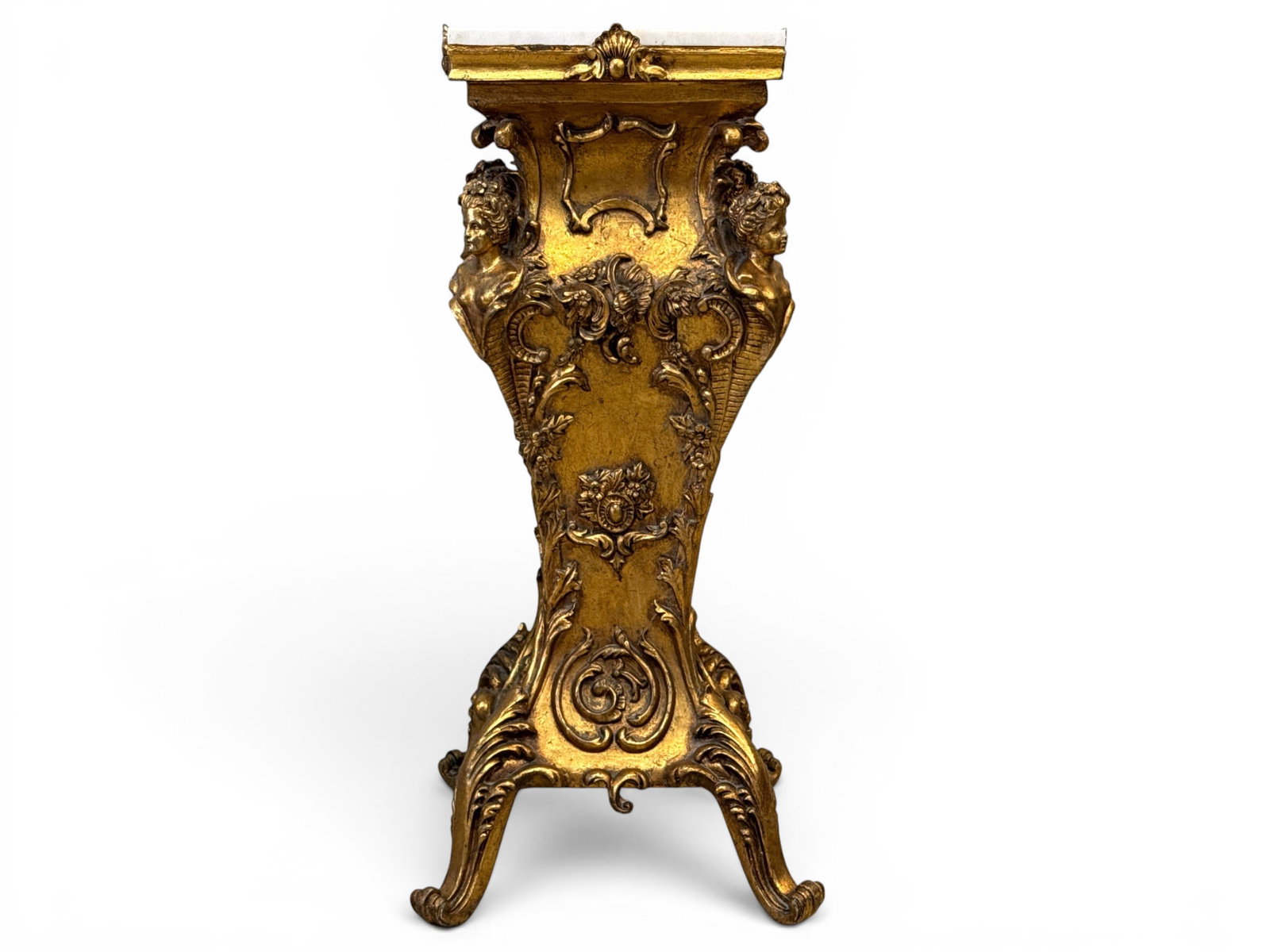 Italian Baroque-style Marble Top Pedestal: An Italian Baroque-style gilt pedestal with mask mounts and marble top. 38in tall x 14-1/2in wide. | You have additional shipping options, and are not required to use Live Shipping. Additional shippin