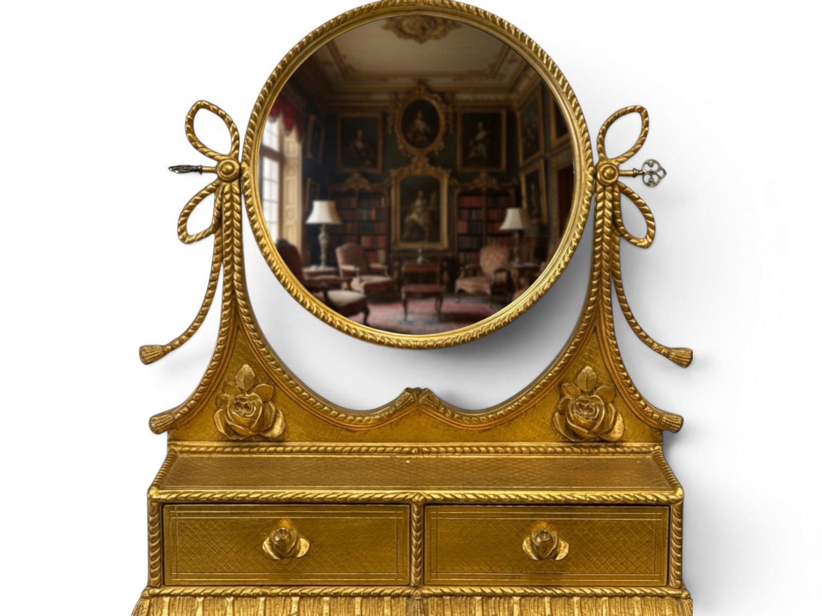 Gilt Tassel Vanity Dressing Mirror: A gilt rope tassel vanity dressing mirror having two shallow drawers and a reversible mirror, one side magnifying. 25-1/2in tall x 23in wide x 10 in deep. | You have additional shipping options, and a