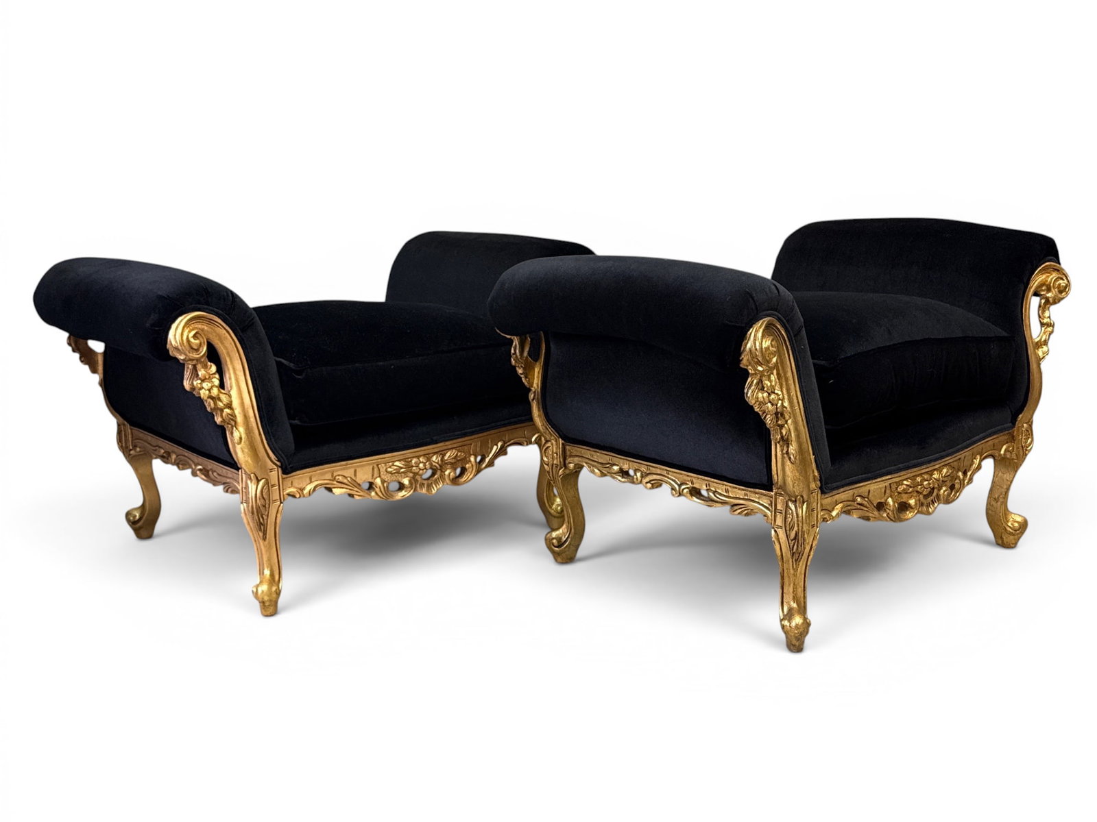 Pair of French Louis XV-style Giltwood Benches: A pair of French Louis XV-style giltwood benches by P.A.M.A. Furniture. 24in tall x 41in wide x 26 in deep. | You have additional shipping options, and are not required to use Live Shipping. Additiona