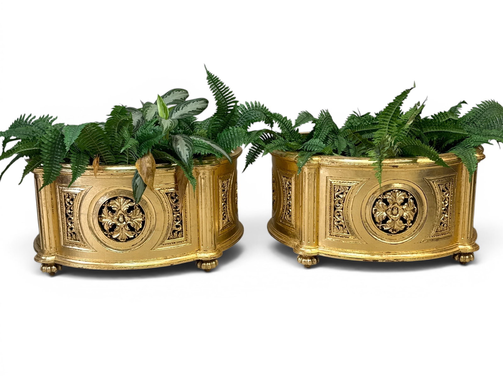 Pair of French Giltwood Planter Boxes: A pair of large French-style giltwood planter boxes with shaped and pierced sides. 17in tall x 33-1/2in wide x 29-1/2 in deep. | You have additional shipping options, and are not required to use Live 