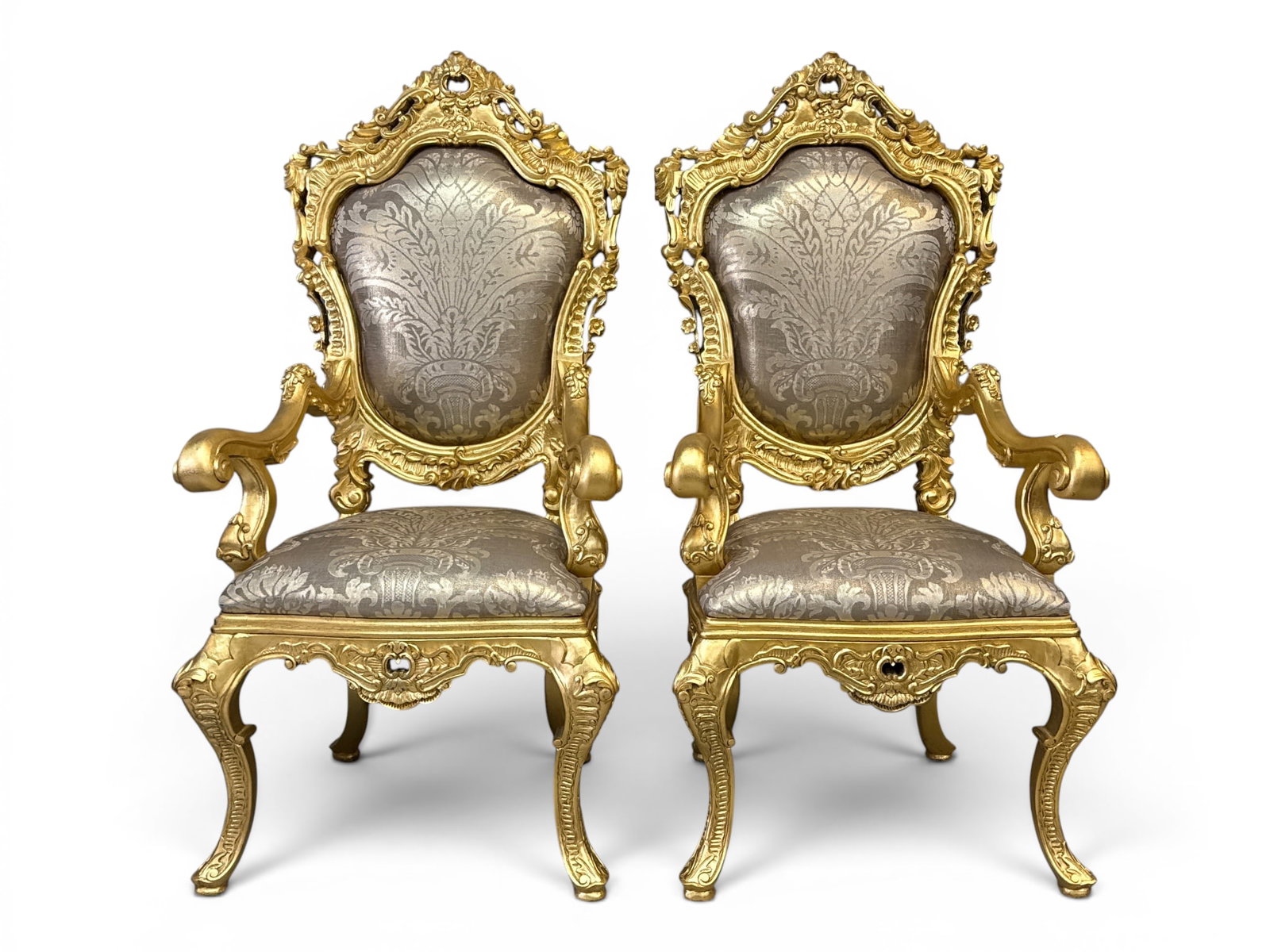Pair of Rococo-style Giltwood Armchairs: A pair of Rococo-style giltwood armchairs. 52-1/2in tall x 26in wide x 25 in deep. | You have additional shipping options, and are not required to use Live Shipping. Additional shipping and delivery d