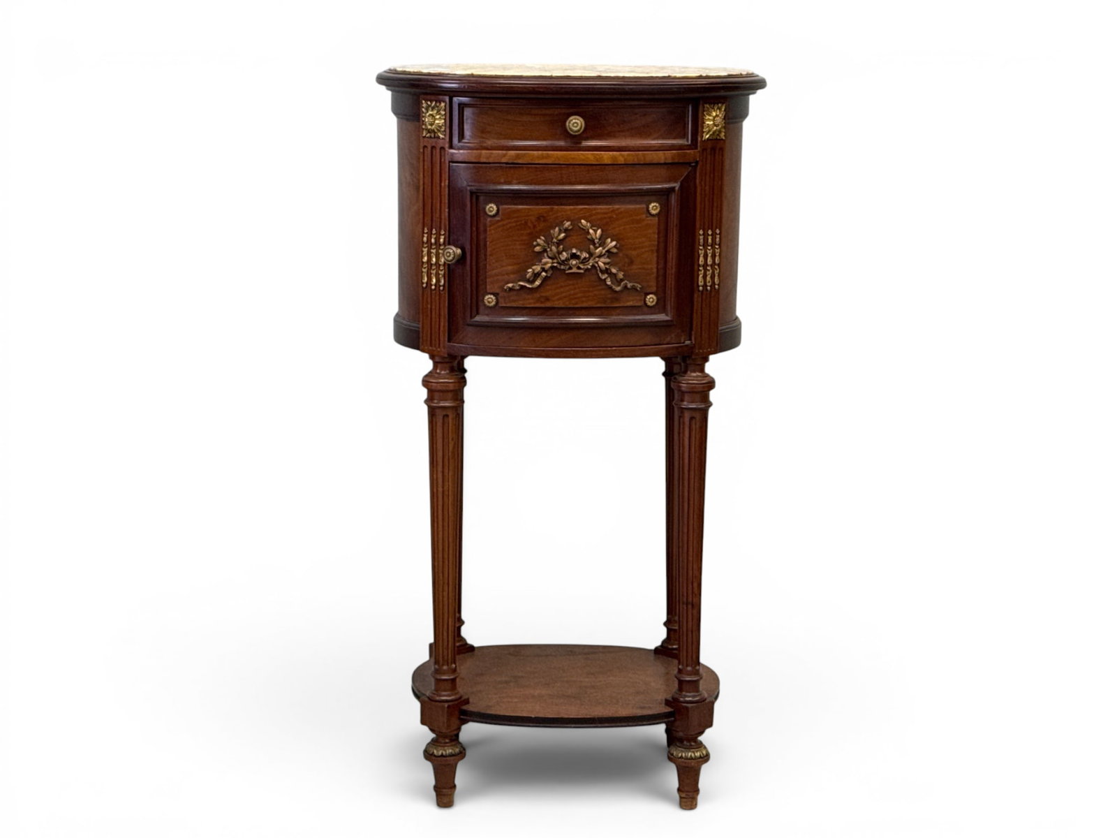 Louis XVI-style Marble Top Smoking Stand: A French Louis XVI-style marble top smoking stand having a single drawer and ceramic-lined humidor cabinet. 32-1/2in tall x 17in wide x 13-1/2 in deep. | You have additional shipping options, and are 