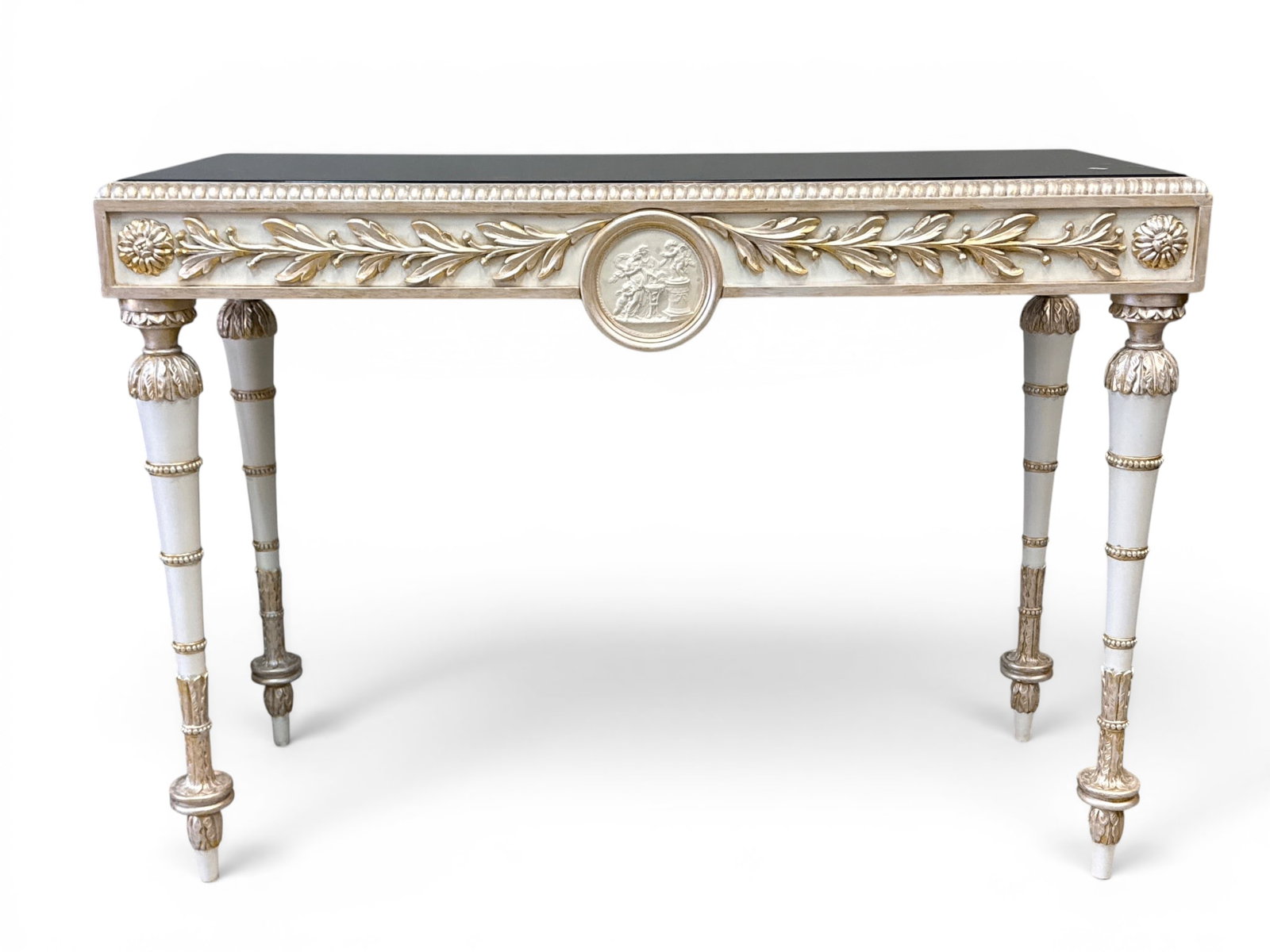 Neoclassical-style Marble Top Console Table: A Neoclassical-style carved and painted console table with a black marble top. 36in tall x 50in wide x 20 in deep. | You have additional shipping options, and are not required to use Live Shipping. Ad