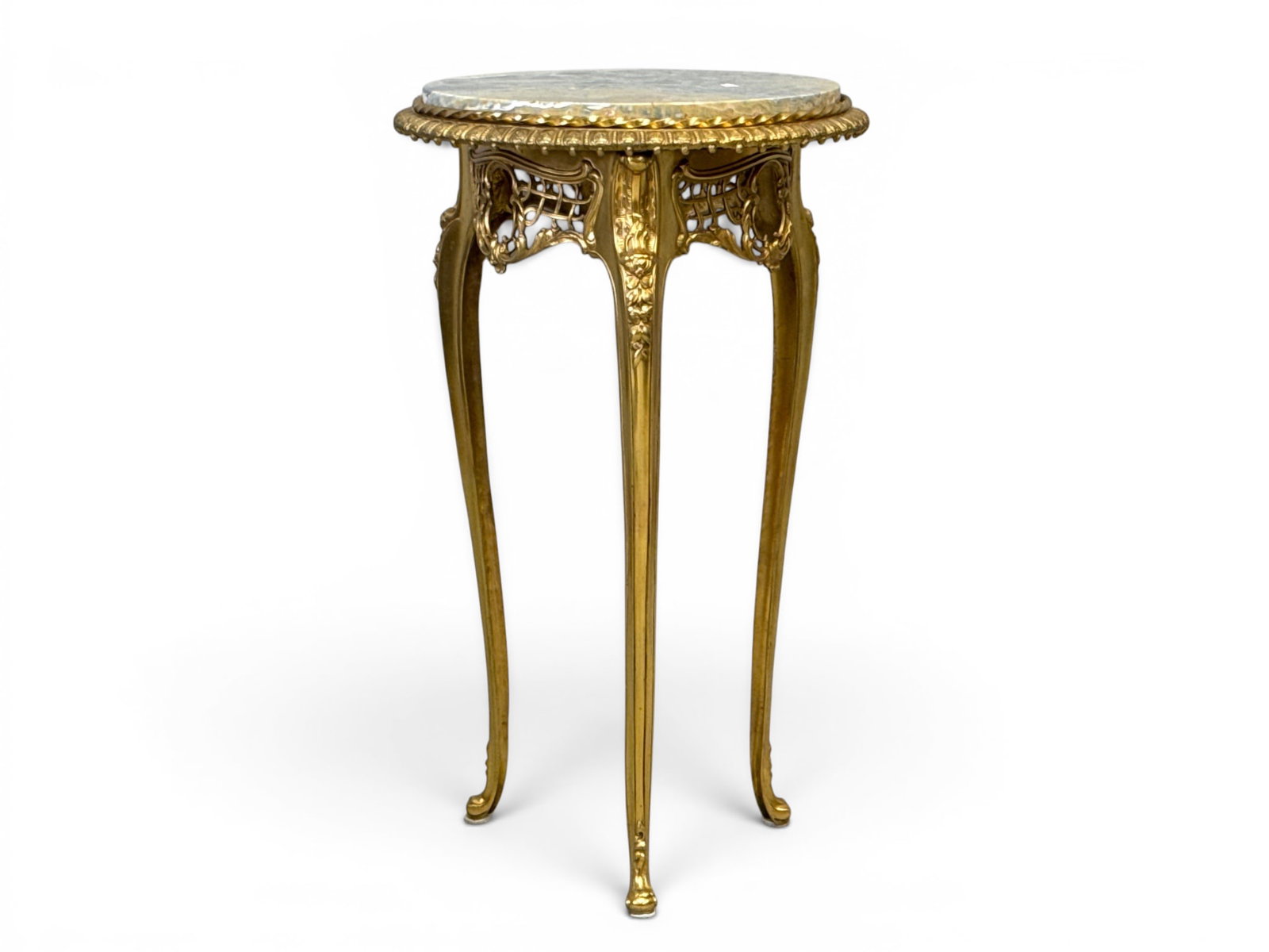French Brass Louis XV-style Marble Top Stand: A French brass Louis XV-style marble top stand having a pierced apron and cabriole legs. 28-1/2in tall x 16-1/2in wide. | You have additional shipping options, and are not required to use Live Shippin