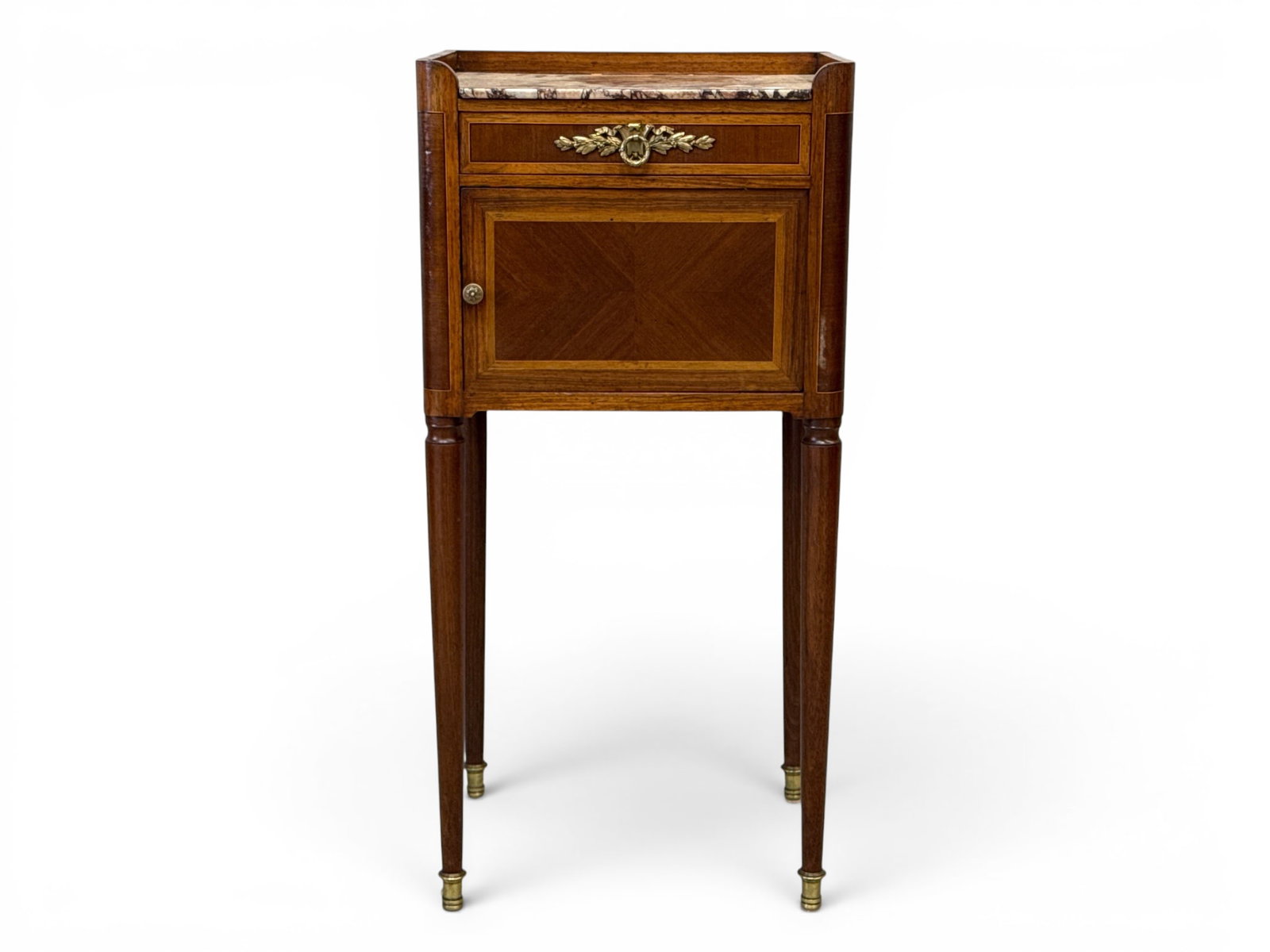 French Louis XVI-style Marble Top Smoking Stand: A French Louis XVI-style parquetry smoking stand with a marble top over a single drawer case with ceramic lined humidor cabinet. 33in tall x 16in wide x 12 in deep. | You have additional shipping opti