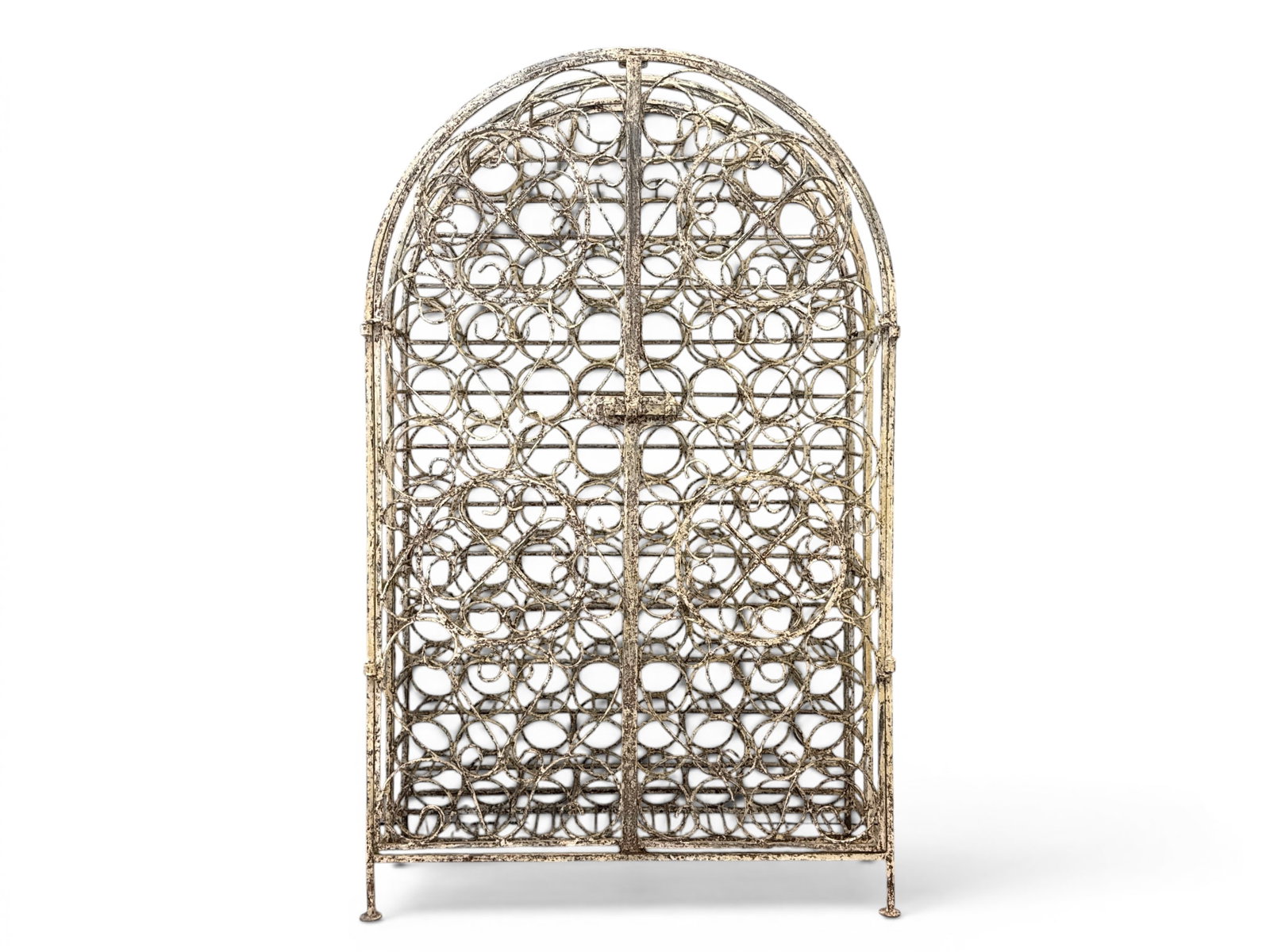 White Painted Wrought Iron Wine Cellar Cabinet: A wrought iron two-door wine cellar bottle cabinet having an antiqued white painted surface. 59-1/4in tall x 36-1/2in wide x 14-1/2 in deep. | You have additional shipping options, and are not require