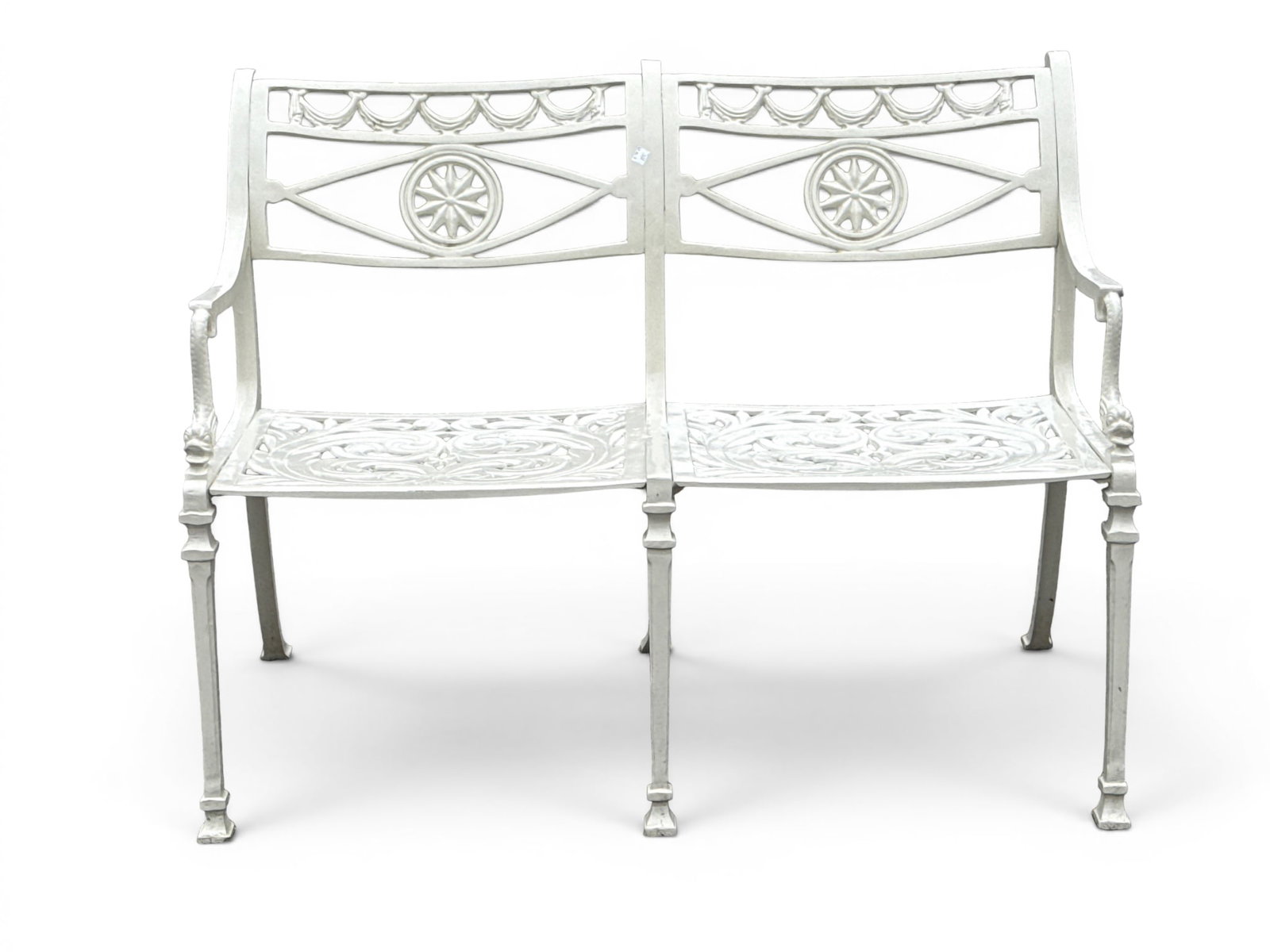 Attrib. Kenneth Lynch & Sons Star and Dolphin Bench: Attributed to Kenneth Lynch & Sons Star and Dolphin two seater garden bench in white paint. 31in tall x 42in wide x 22 in deep. | You have additional shipping options, and are not required to use Live