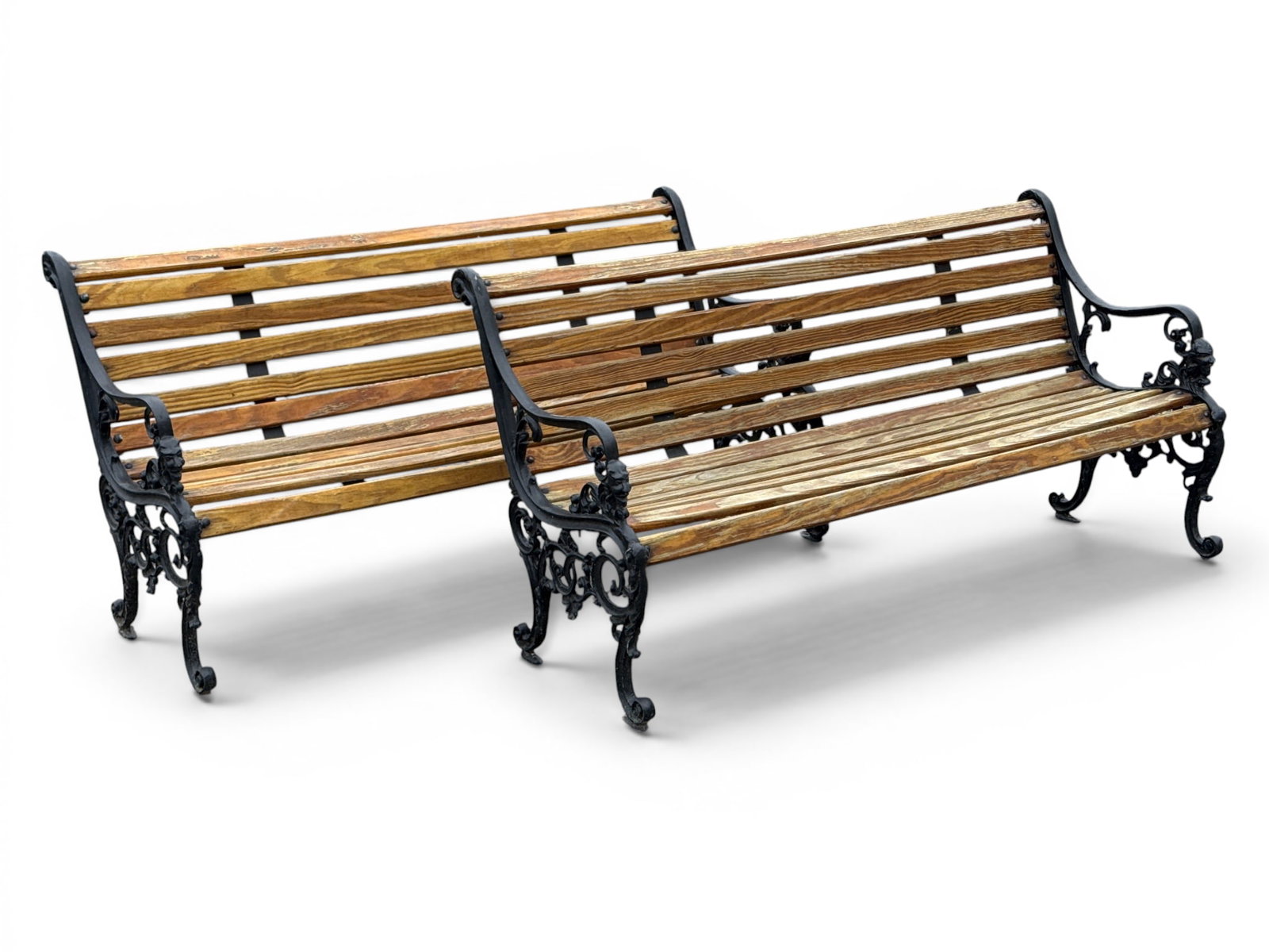 Pair of Wood Slatted Cast Aluminum Garden Benches (1 of 5)