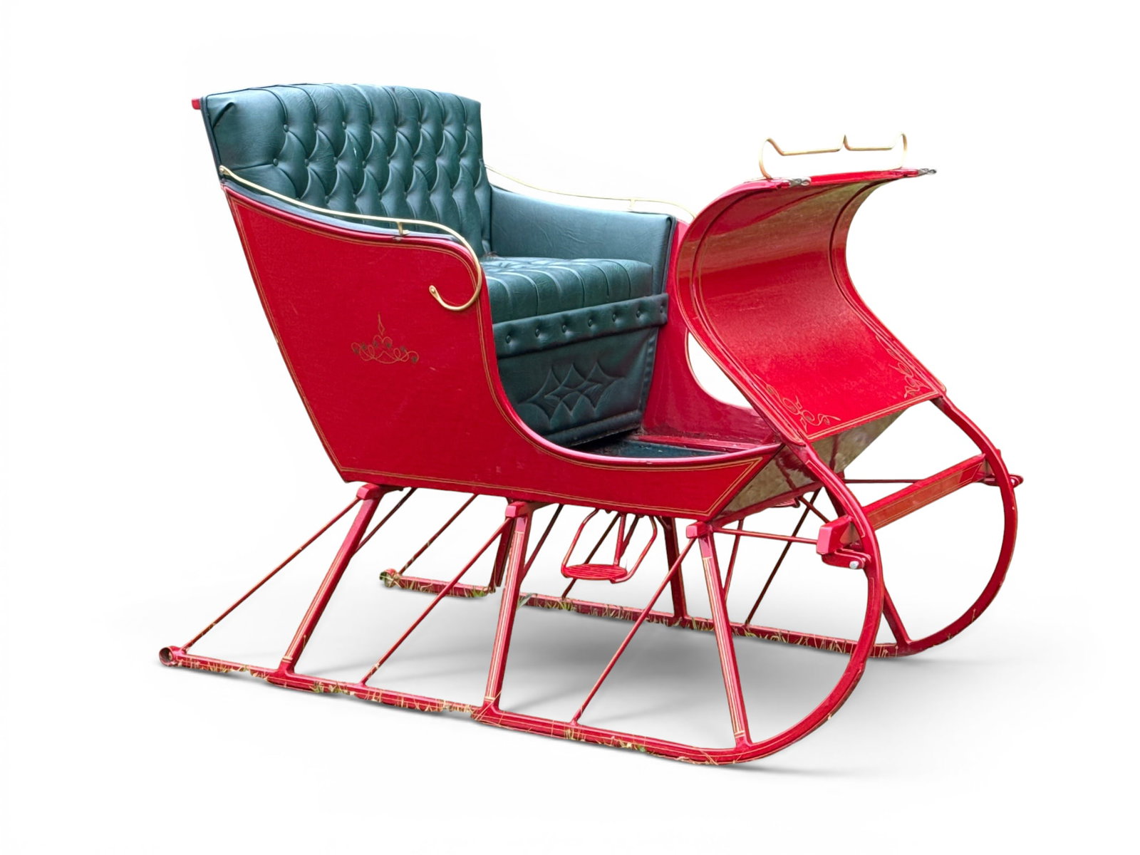 Red and Green Painted Cutter Sleigh: A red-painted cutter sleigh with tufted green seat. Label for Shady Lane Wagons, New Holland. 49in tall x 42in wide x 59 in deep. | You have additional shipping options, and are not required to use Li