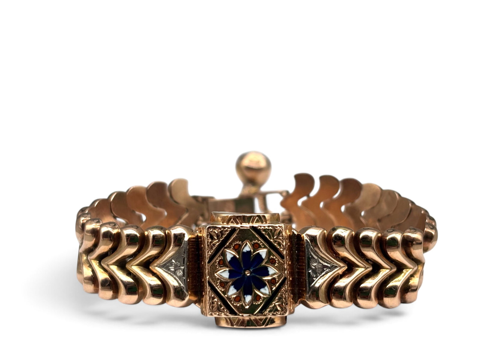Doxa 14K Enameled Wristwatch: A Doxa 14K yellow gold wristwatch with concealed movement, enameled decoration, and chevron wave bracelet. Tests as 14K. 17.87 dwt. | You have additional shipping options, and are not required to use 