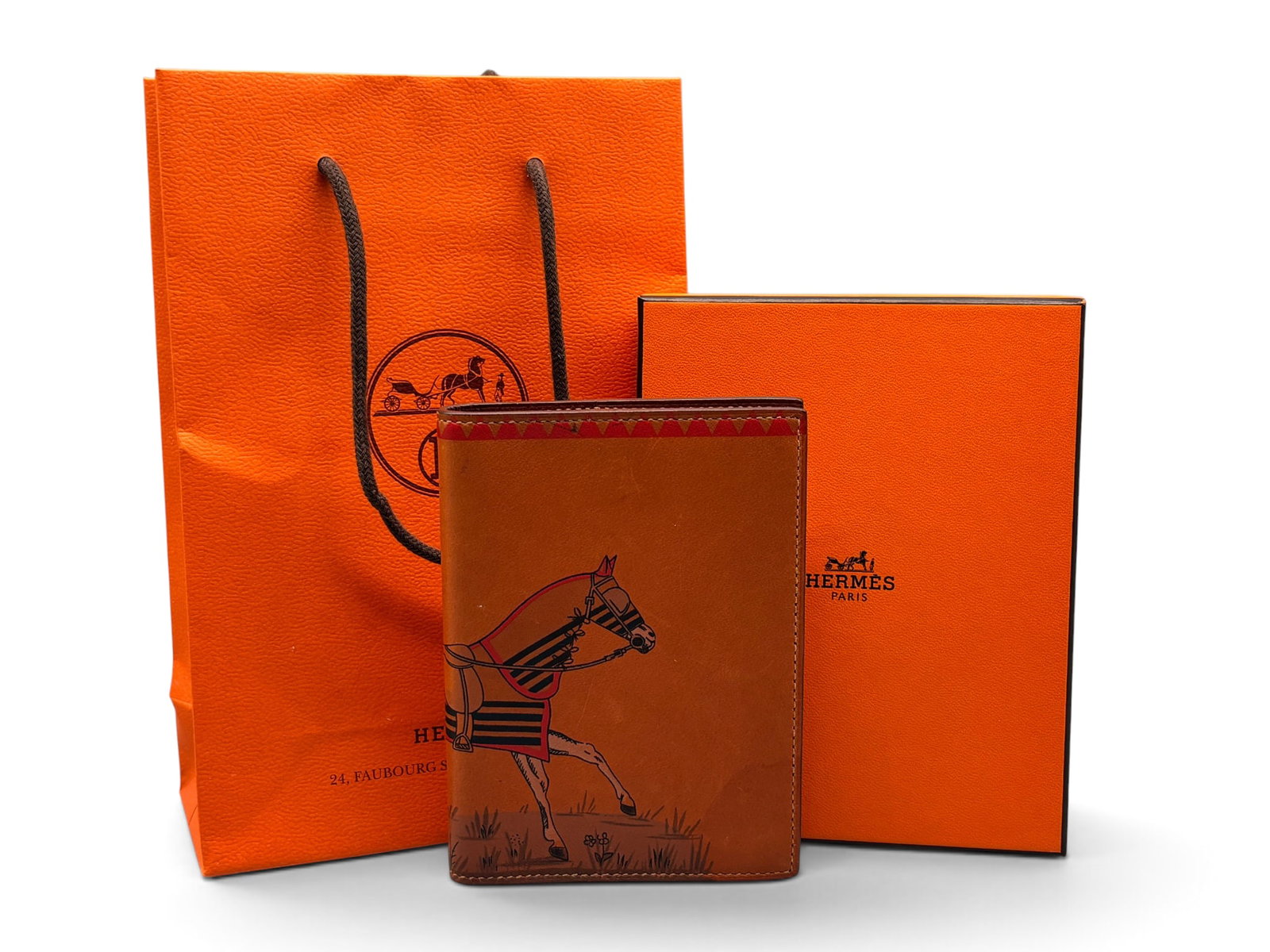 Hermes Equestrian Vision II Agenda: An Hermes Vision II agenda in printed swift calfskin leather with equestrian motif. Marked Hermes. Includes Hermes box and bag. 5in tall x 4in wide. | You have additional shipping options, and are not