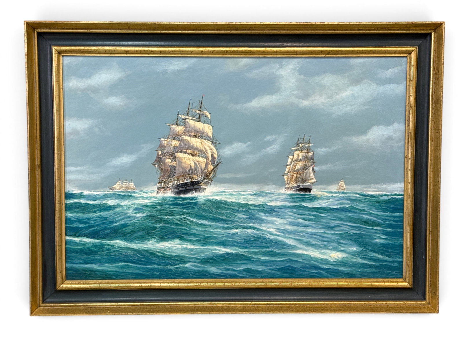 J. Arnold Oil/Canvas: Yankee, Whaler's: John Popeye "Jay" Arnold (American, 20th C.). An oil on canvas seascape portrait of ships titled "Yankee, Whaler's". Signed lower right and framed. Canvas: 24in x 36in. Outside frame: 30in x 42in. | Y