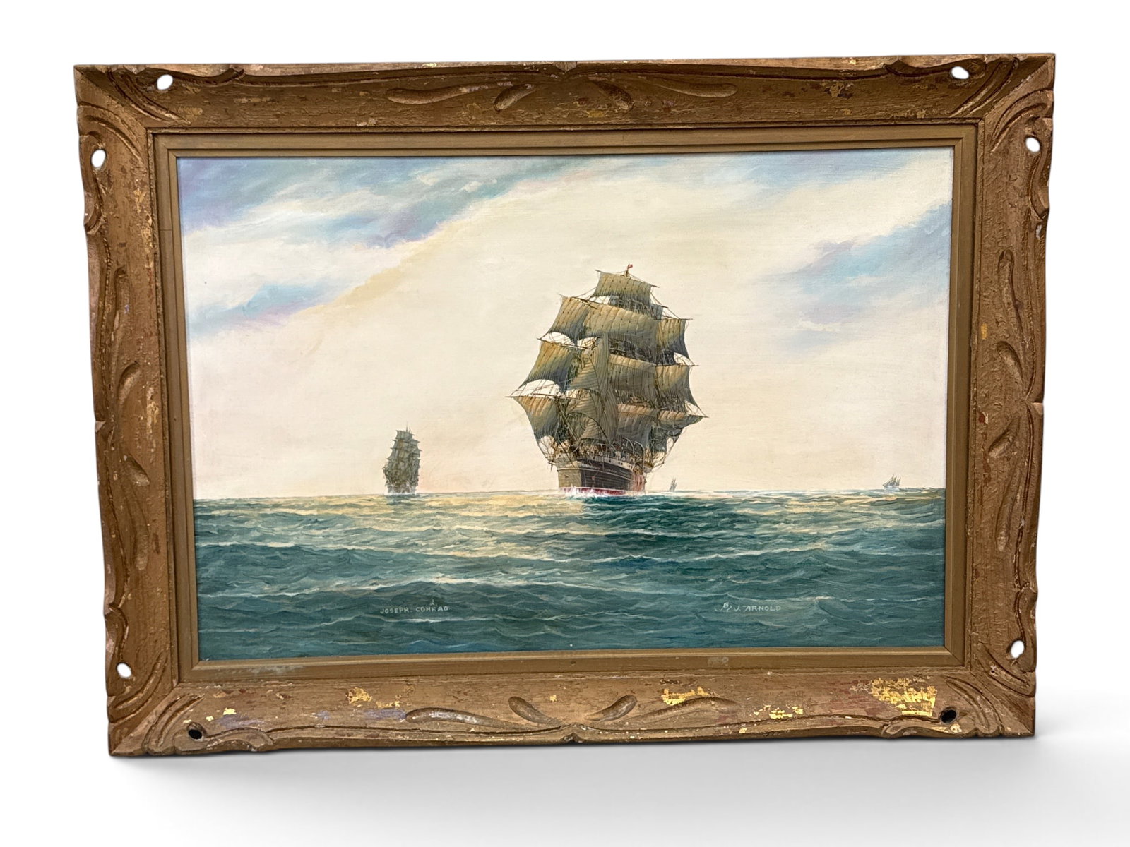 J. Arnold Oil/Canvas: Joseph Arnold: John Popeye "Jay" Arnold (American, 20th C.). An oil on canvas seascape portrait of the ship "Joseph Conrad". Canvas: 24in x 36in. Outside frame: 31-1/4in x 43-1/2in. | You have additional shipping op