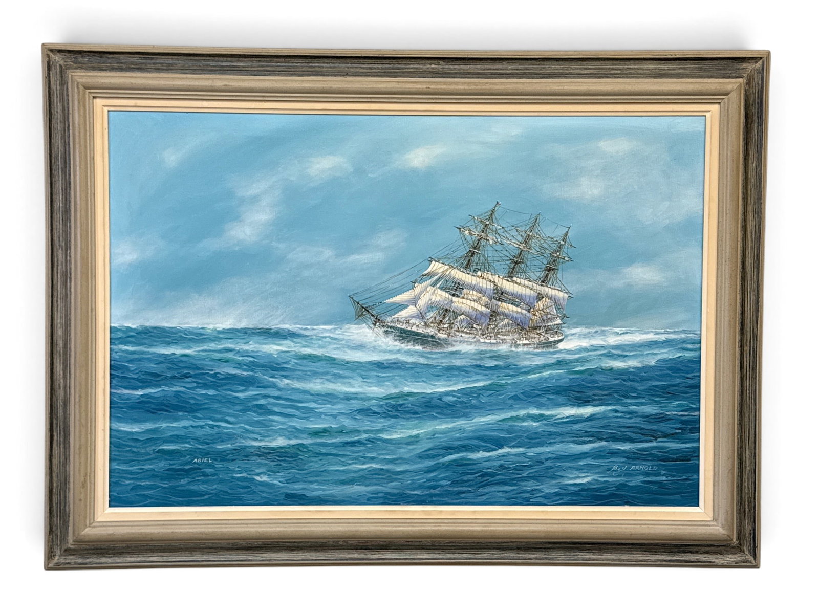 J. Arnold Oil/Canvas: Ariel: John Popeye "Jay" Arnold (American, 20th C.). An oil on canvas seascape portrait of the ship "Ariel". Signed lower right and framed. Canvas: 24in x 36in. Outside frame: 31-1/2in x 43-1/2in. | You have
