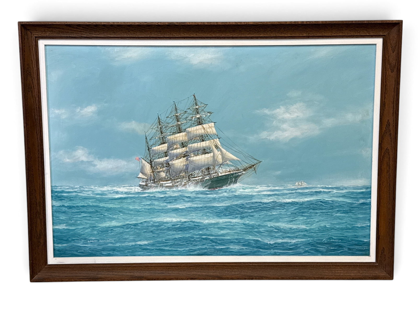 J. Arnold Oil/Canvas: Great Republic: John Popeye "Jay" Arnold (American, 20th C.). An oil on canvas seascape portrait of the ship "Great Republic". Signed lower right and framed. Canvas: 24in x 36in. Outside frame: 28-1/4in x 40-1/4in. |