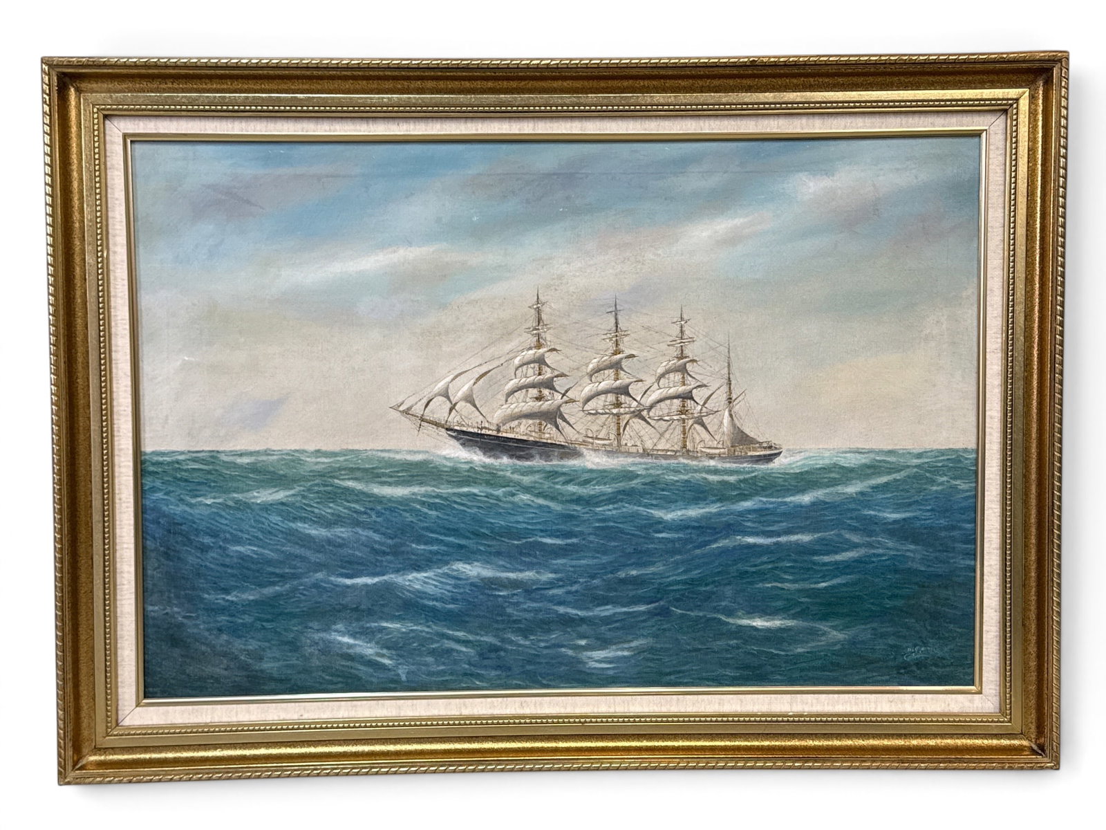 J. Arnold Oil/Canvas: Great Republic: John Popeye "Jay" Arnold (American, 20th C.). An oil on canvas seascape portrait of the ship "Great Republic". Signed lower right and framed. Canvas: 24in x 36in. Outside frame: 30in x 42in. | You hav