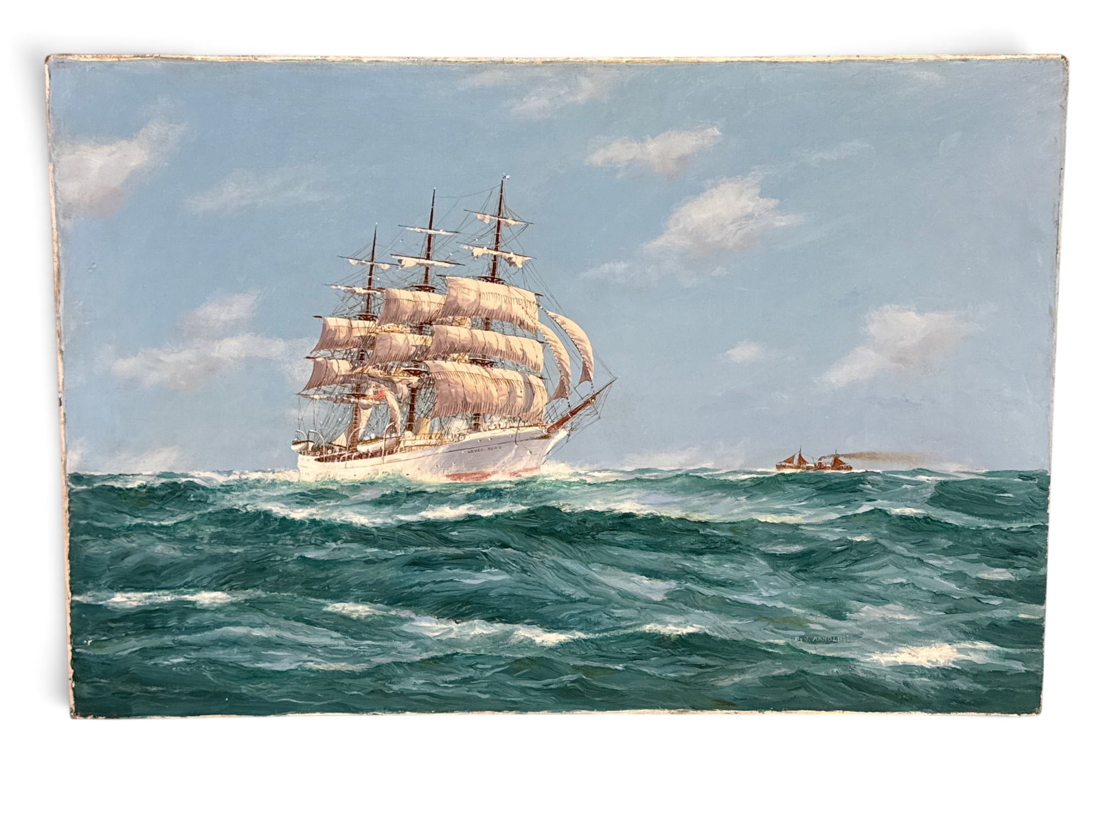 J. Arnold Oil/Canvas: Seven Seas: John Popeye "Jay" Arnold (American, 20th C.). An oil on canvas seascape portrait of ships titled "Seven Seas". Signed lower right. 24in x 36in. | You have additional shipping options, and are not requ