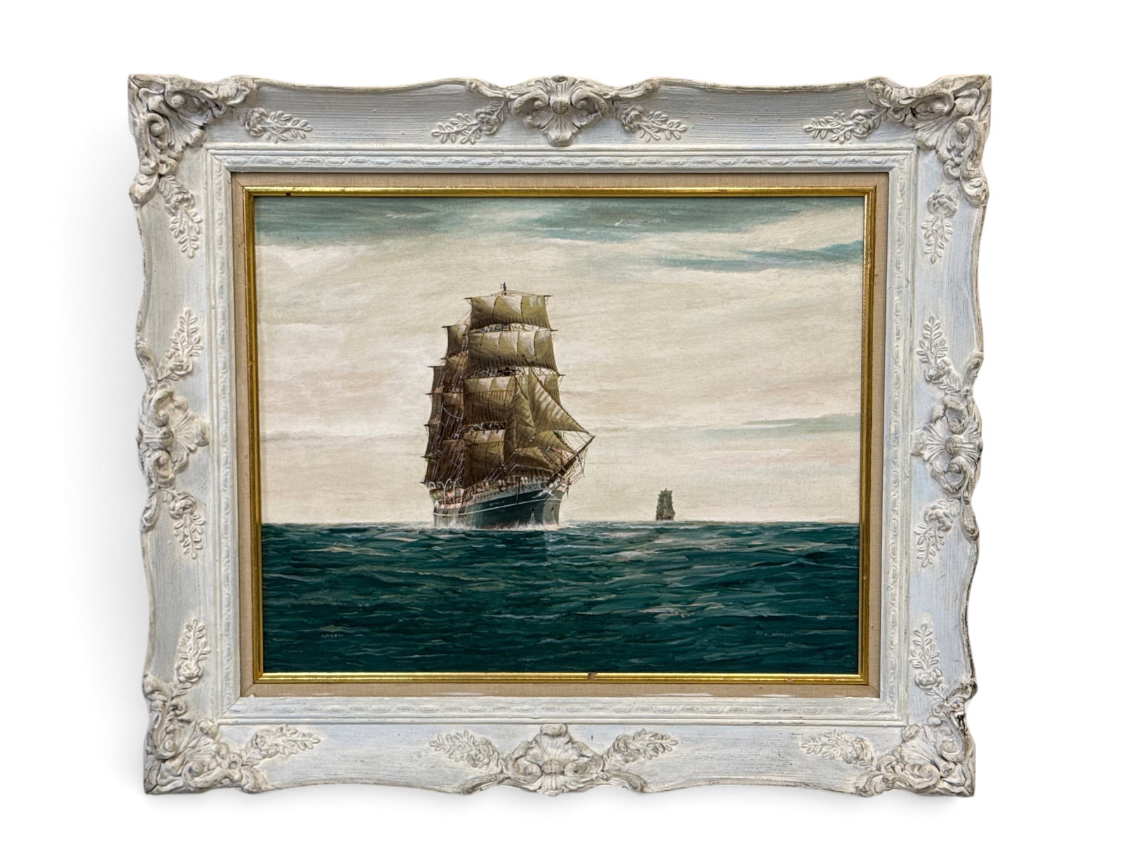 J. Arnold Oil/Board: Raven: John Popeye "Jay" Arnold (American, 20th C.). An oil on board seascape portrait of the ship "Raven". Signed lower right and framed. Board: 16in x 20in. Outside frame: 22-3/4in x 26-1/2in. | You have a