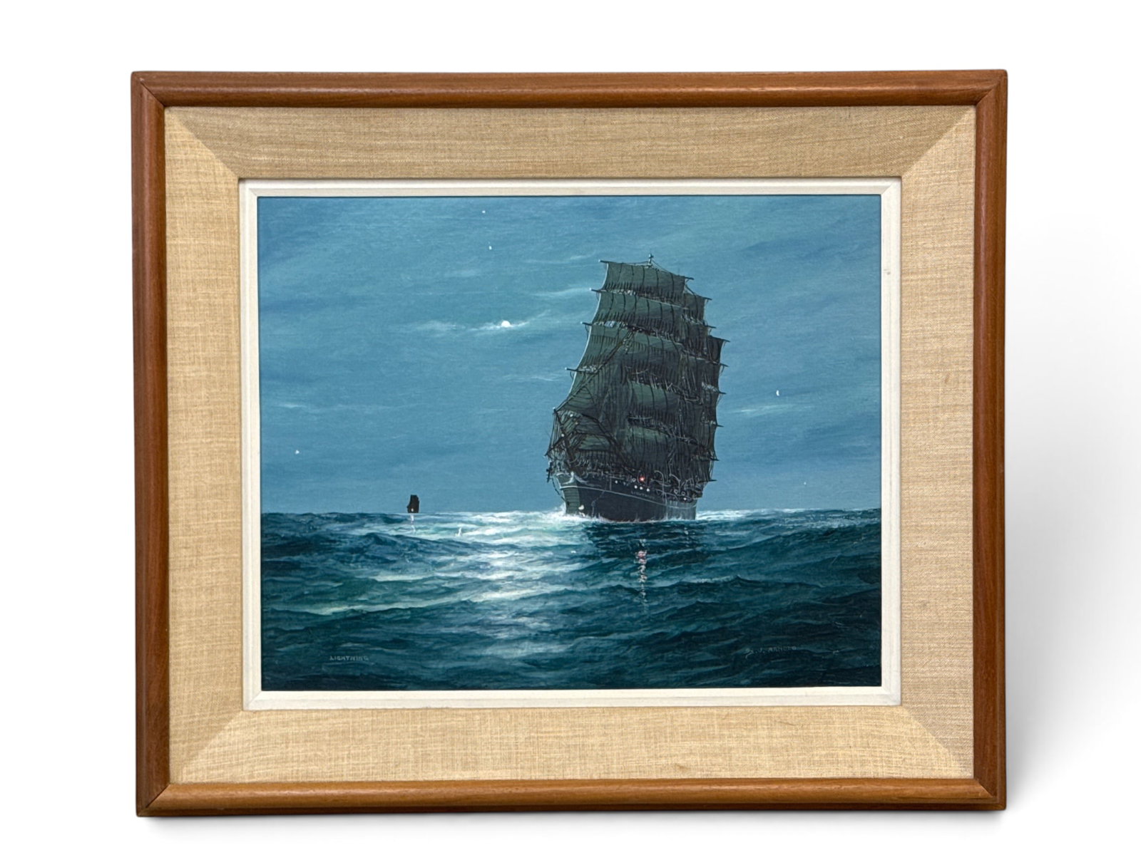 J. Arnold Oil/Panel: Lightning: John Popeye "Jay" Arnold (American, 20th C.). An oil on board seascape portrait of the ship "Lightning". Signed lower right and framed. Board: 16in x 20in. Outside frame: 23in x 27in. | You have addit