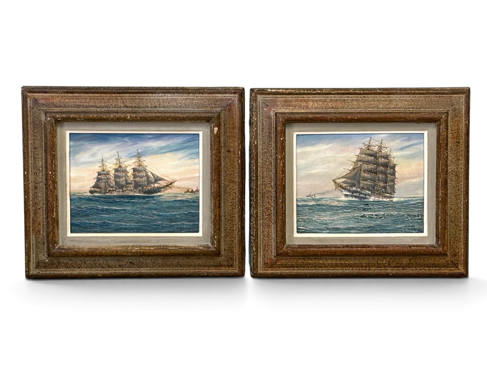 Two J. Arnold Oils/Panel: Ship Seascapes: John Popeye "Jay" Arnold (American, 20th C.). Two oils on panel seascape portraits of ships. Panels: 8in x 10in. Outside frame: 14-1/4in x 16-1/4in. | You have additional shipping options, and are not