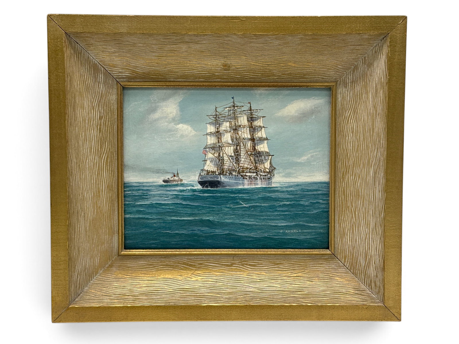 J. Arnold Oil/Panel: Seascape Portrait: John Popeye "Jay" Arnold (American, 20th C.). An oil on panel seascape portrait of a ship. Signed lower right and framed. Panel: 8in x 10in. Frame: 13-3/8in x 15-1/2in. | You have additional shipping 